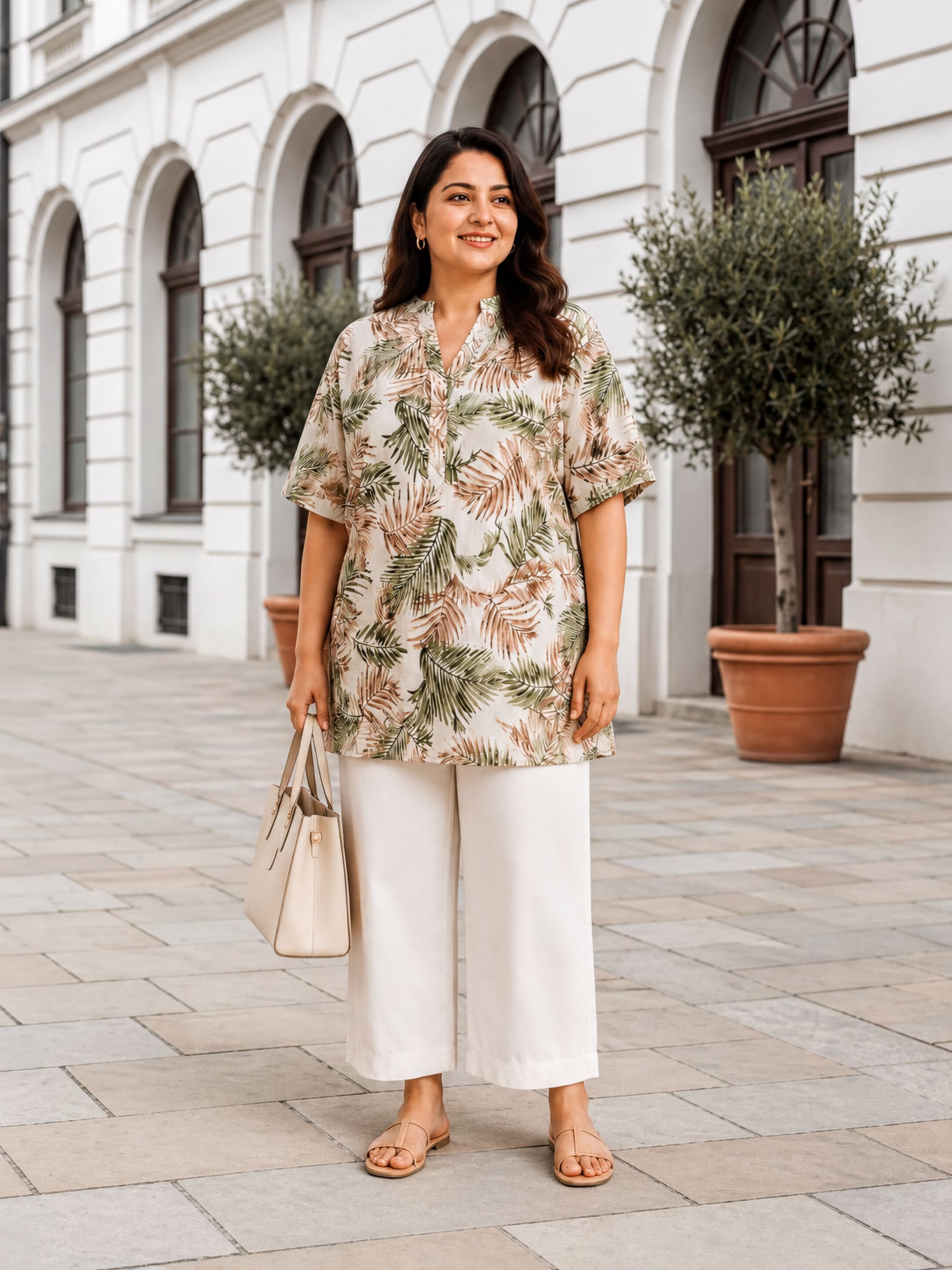 A woman wearing a floral print top and white pants stands on a sidewalk, smiling and holding a beige handbag.