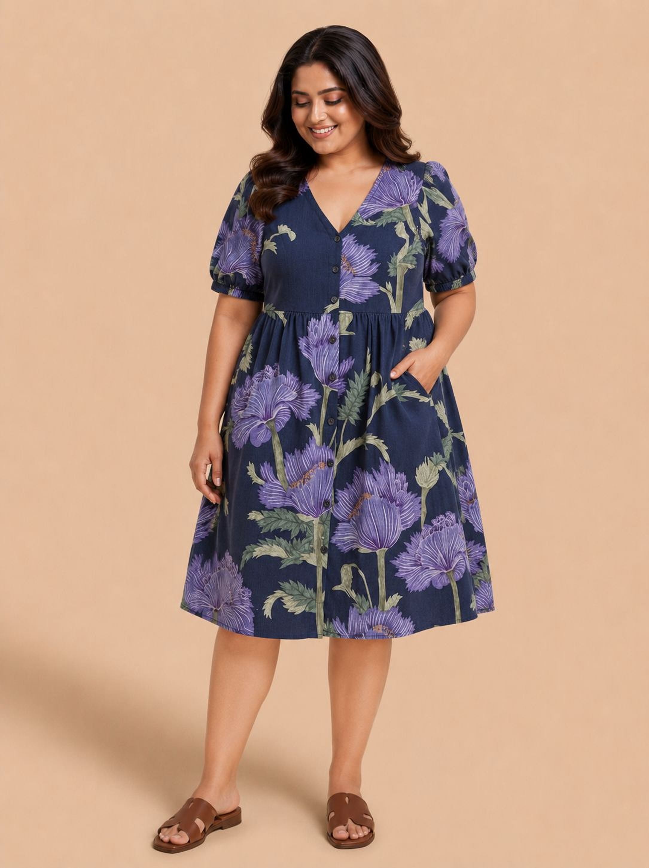 A woman wearing a blue dress with a floral print stands against a peach background, smiling and looking down.