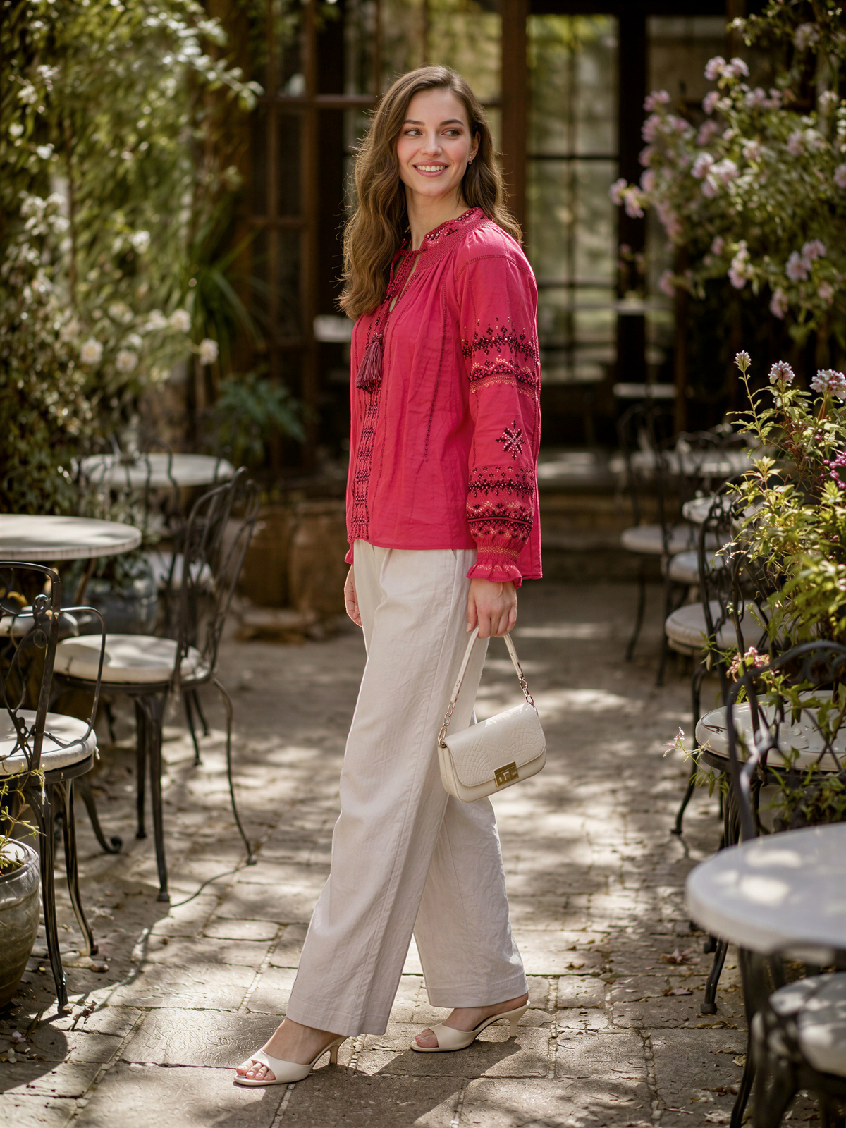 A woman in a red blouse and beige pants stands in a garden, holding a white purse and smiling at the camera.