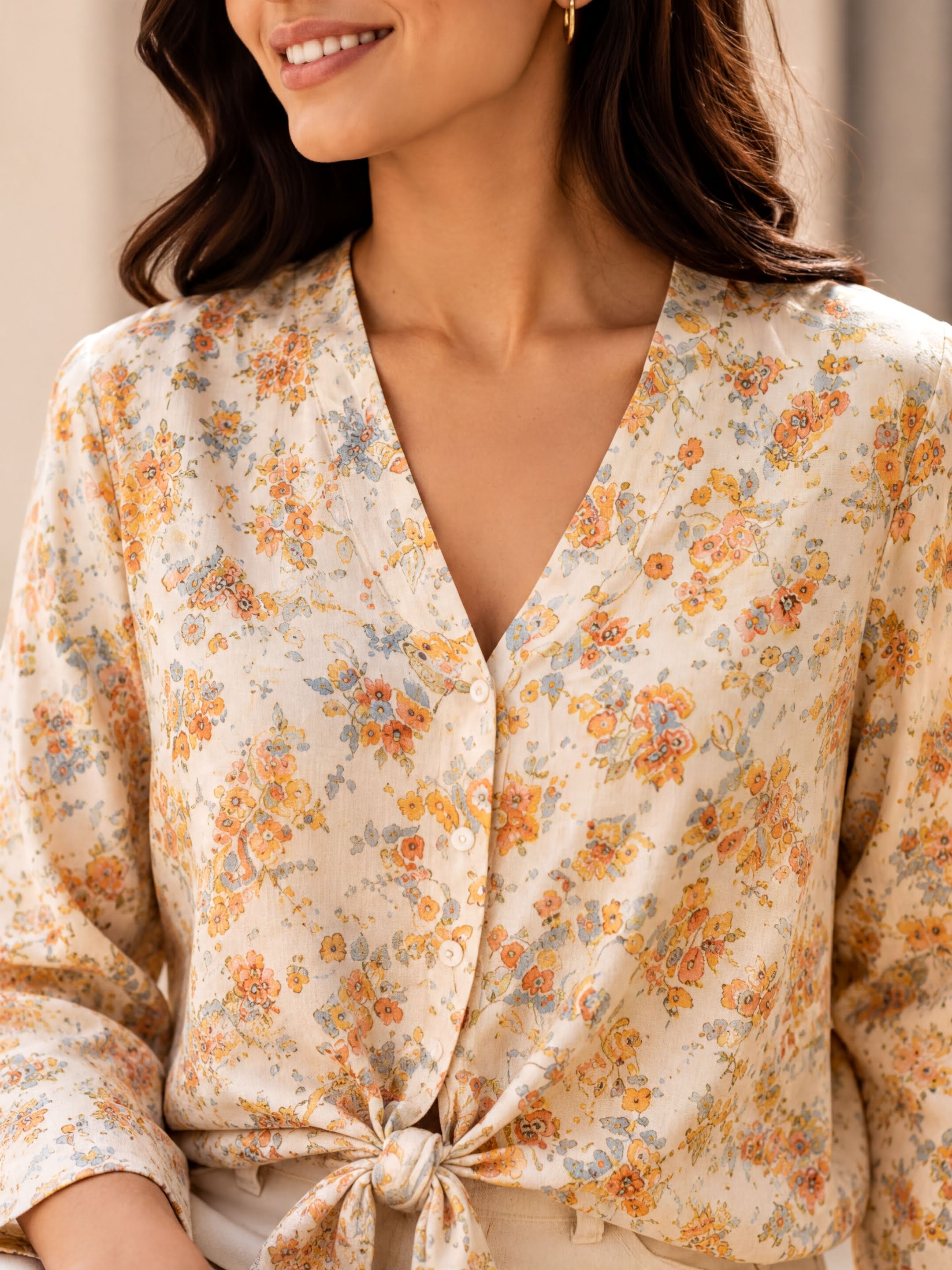 A woman wearing a white blouse with a floral print, smiling and looking to the side.