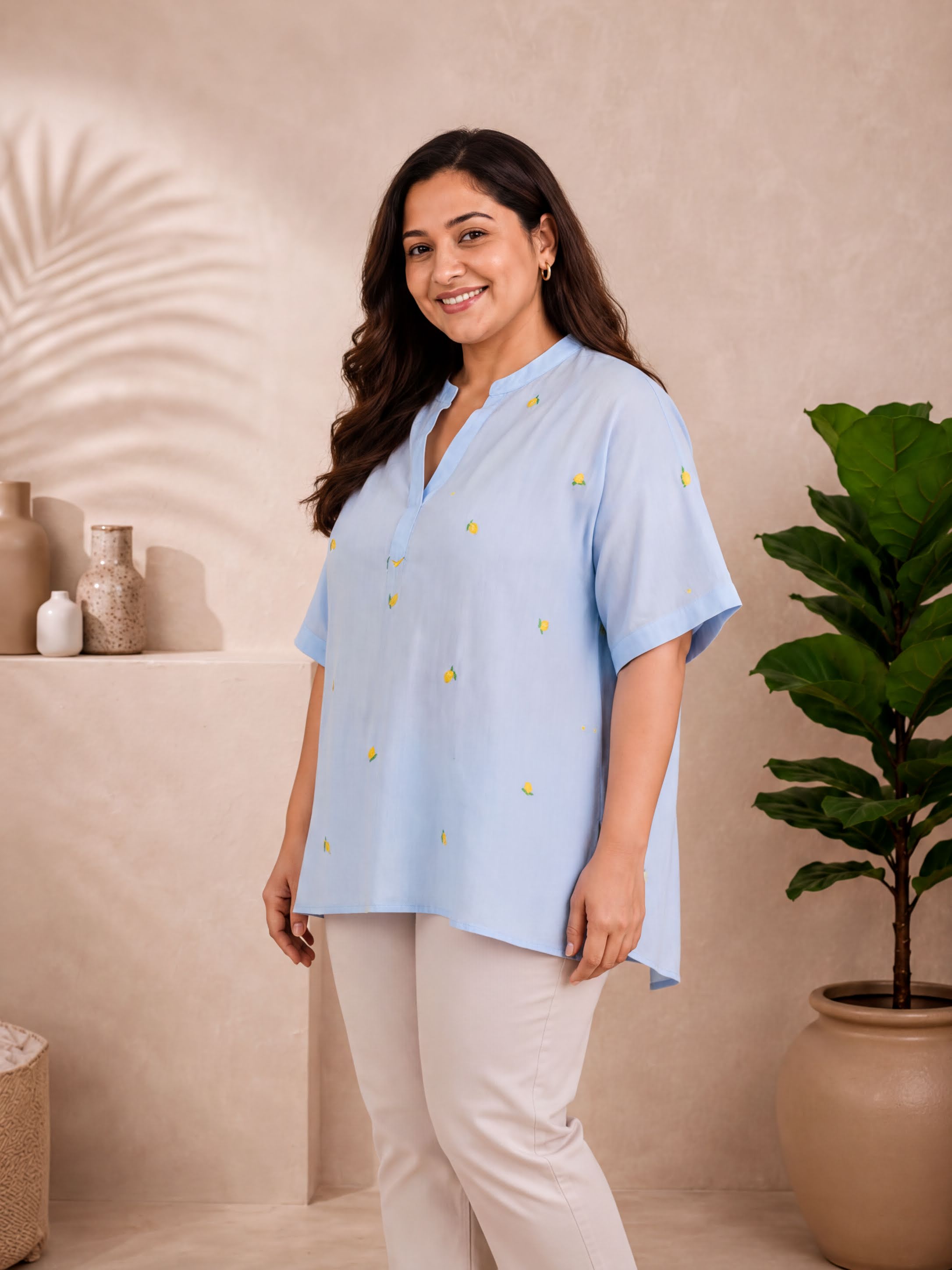 A woman wearing a light blue blouse with yellow flowers stands in a room with a potted plant and a shelf with decorative items.