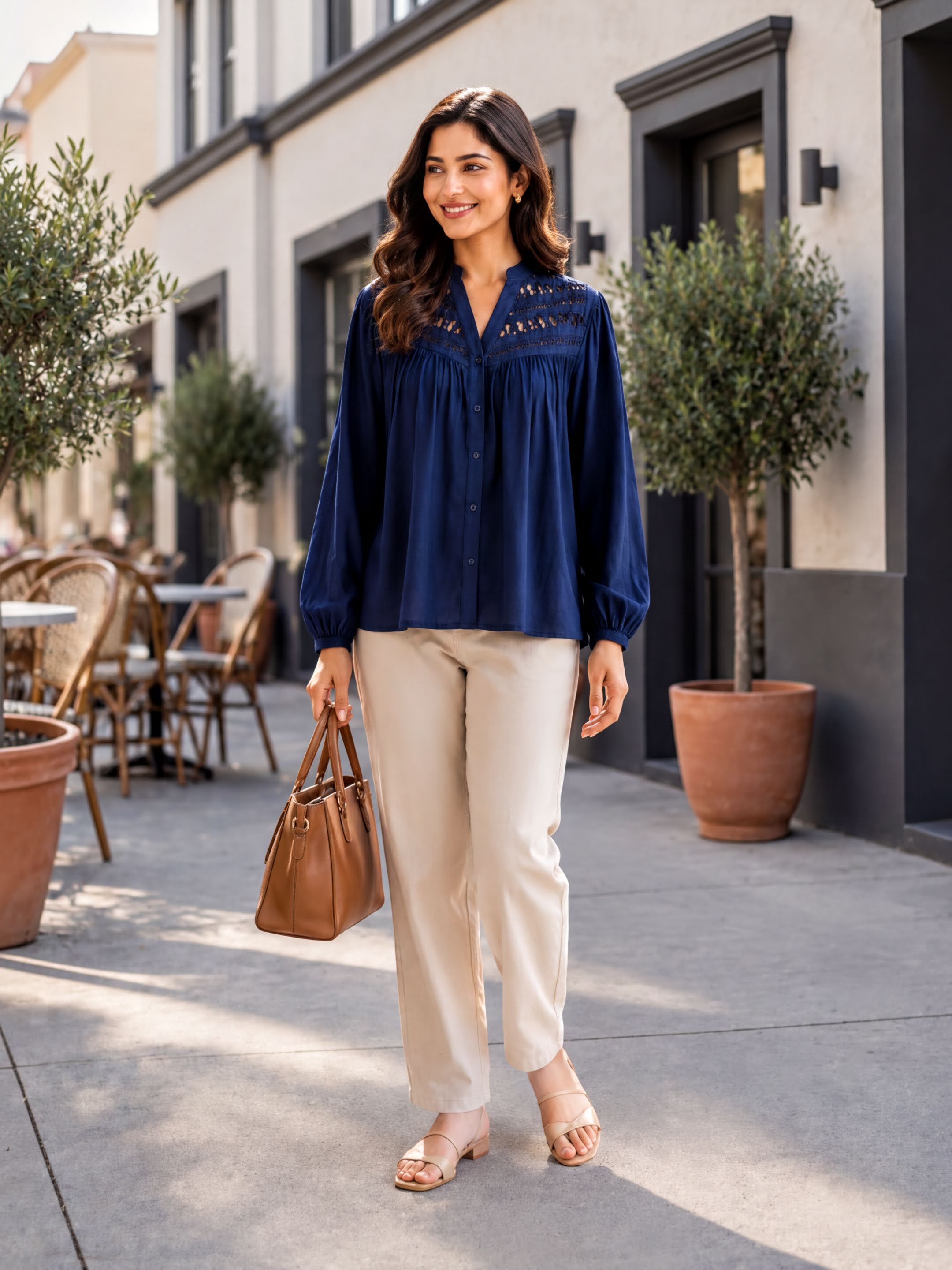 A woman wearing a navy blue blouse and beige pants is walking down a sidewalk, carrying a brown purse.