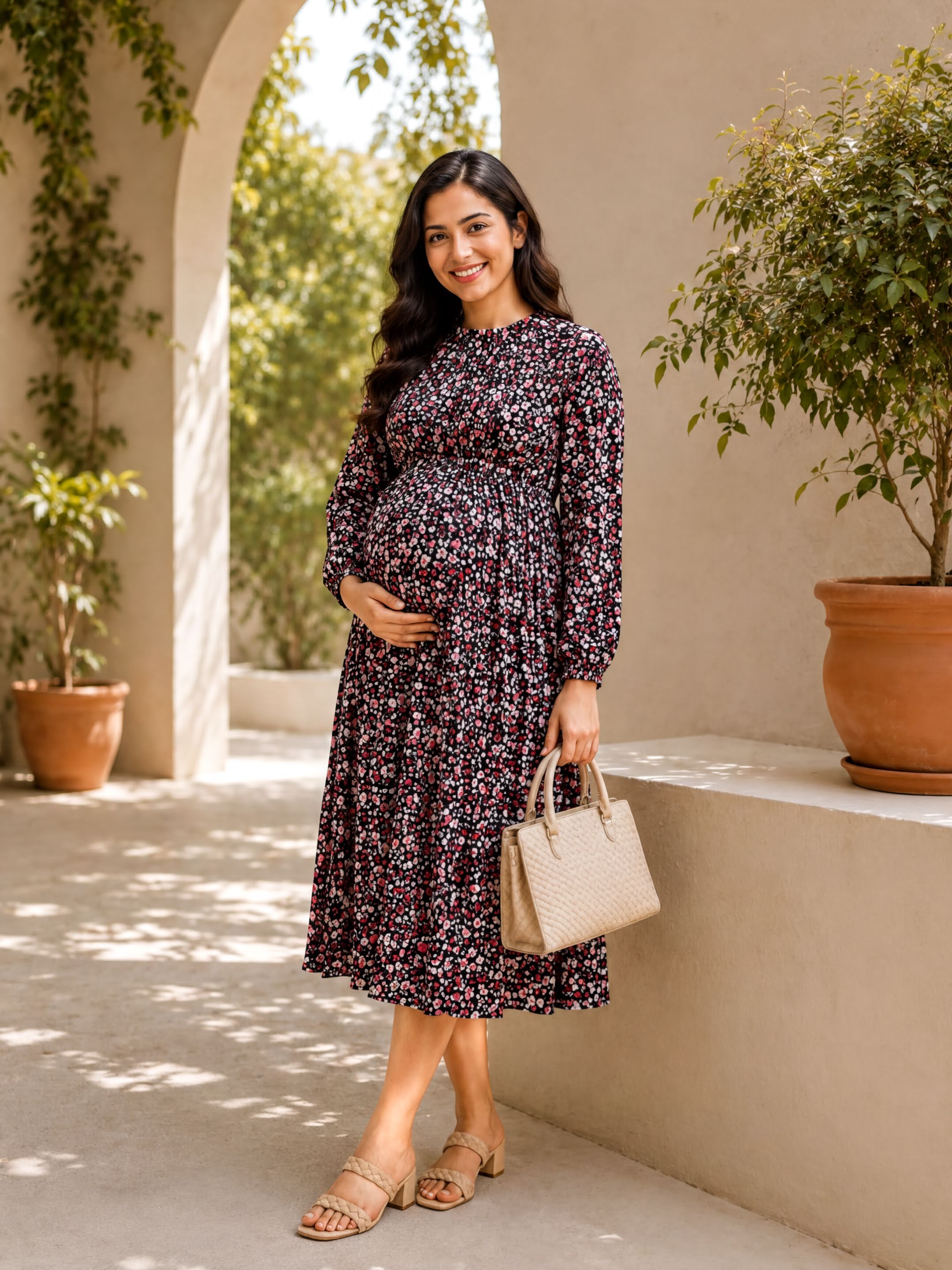 A pregnant woman wearing a long, floral print dress and holding a beige handbag stands in front of a beige wall with a potted plant.