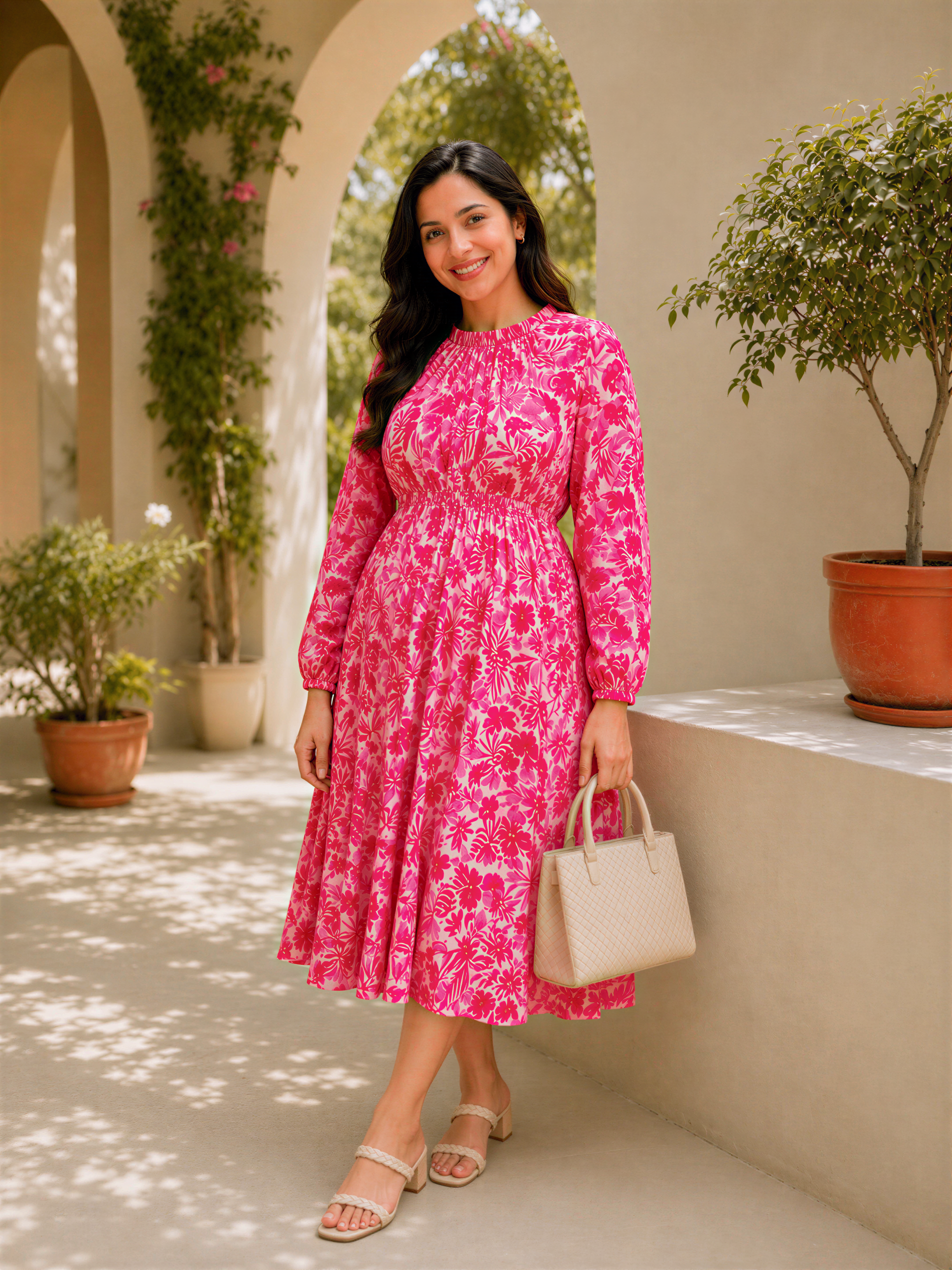 A woman in a pink floral dress stands in a courtyard, smiling and holding a beige handbag.