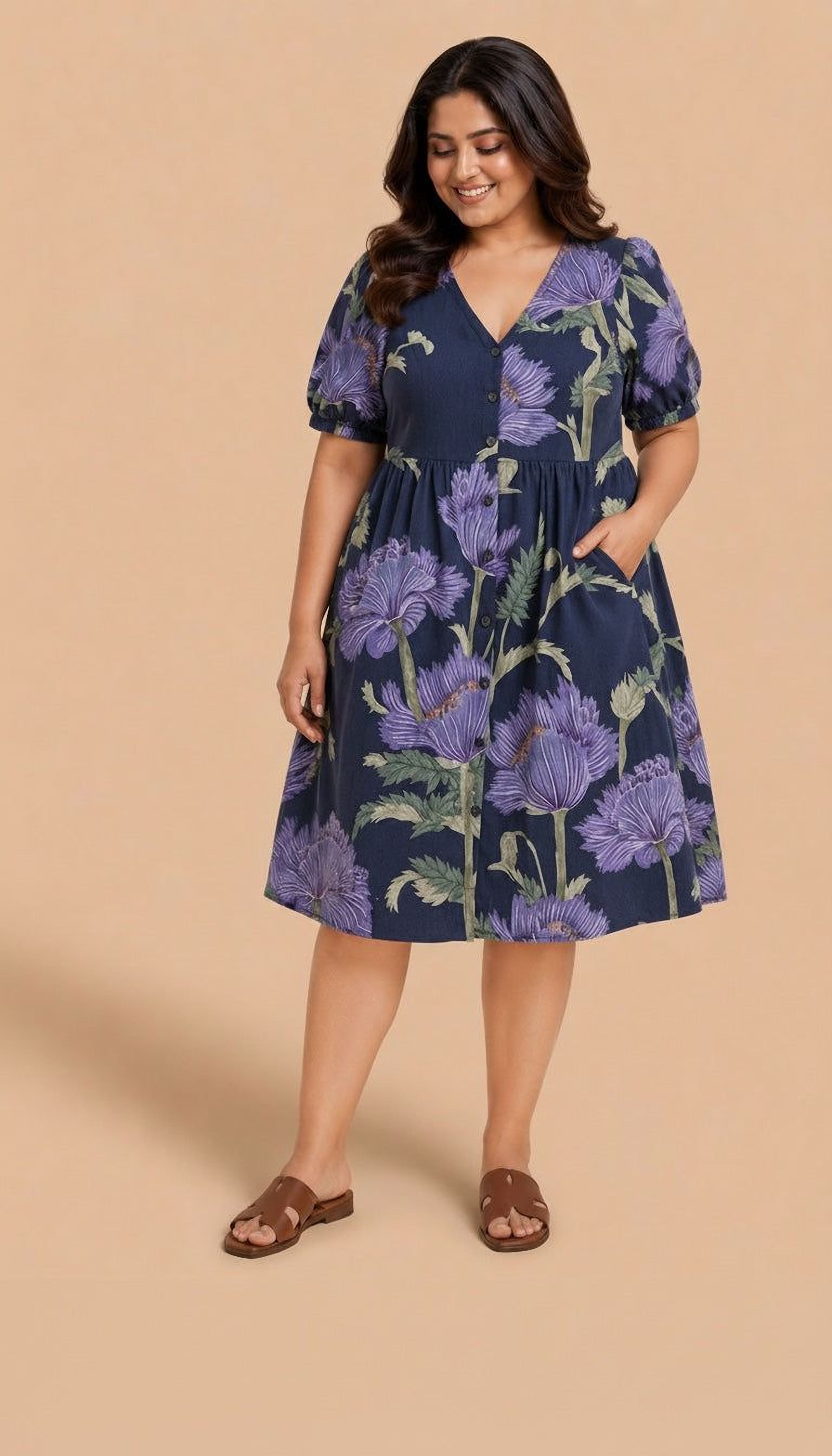 A woman wearing a blue dress with a floral print stands against a peach background, smiling and looking down.