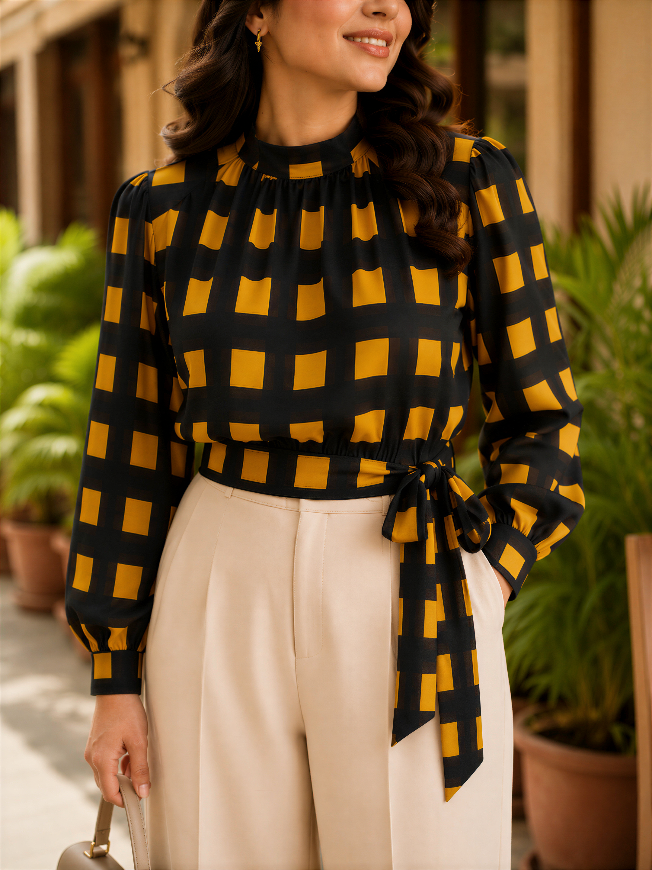 A woman wearing a black and yellow checkered blouse with a high neck and a tie at the waist, paired with white pants. She is smiling and holding a purse.
