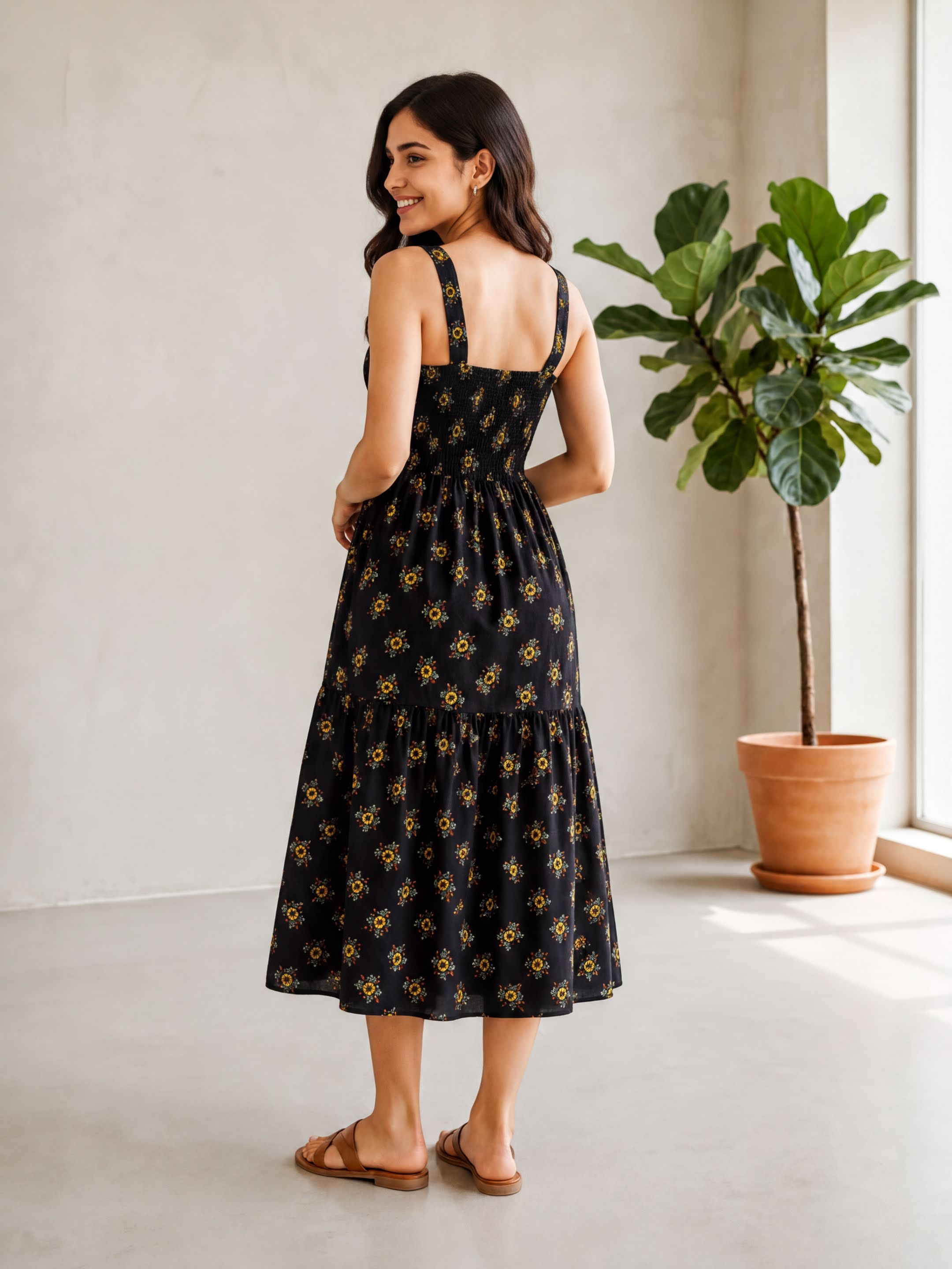 A woman wearing a black dress with yellow floral patterns stands in a room with a potted plant and a window.