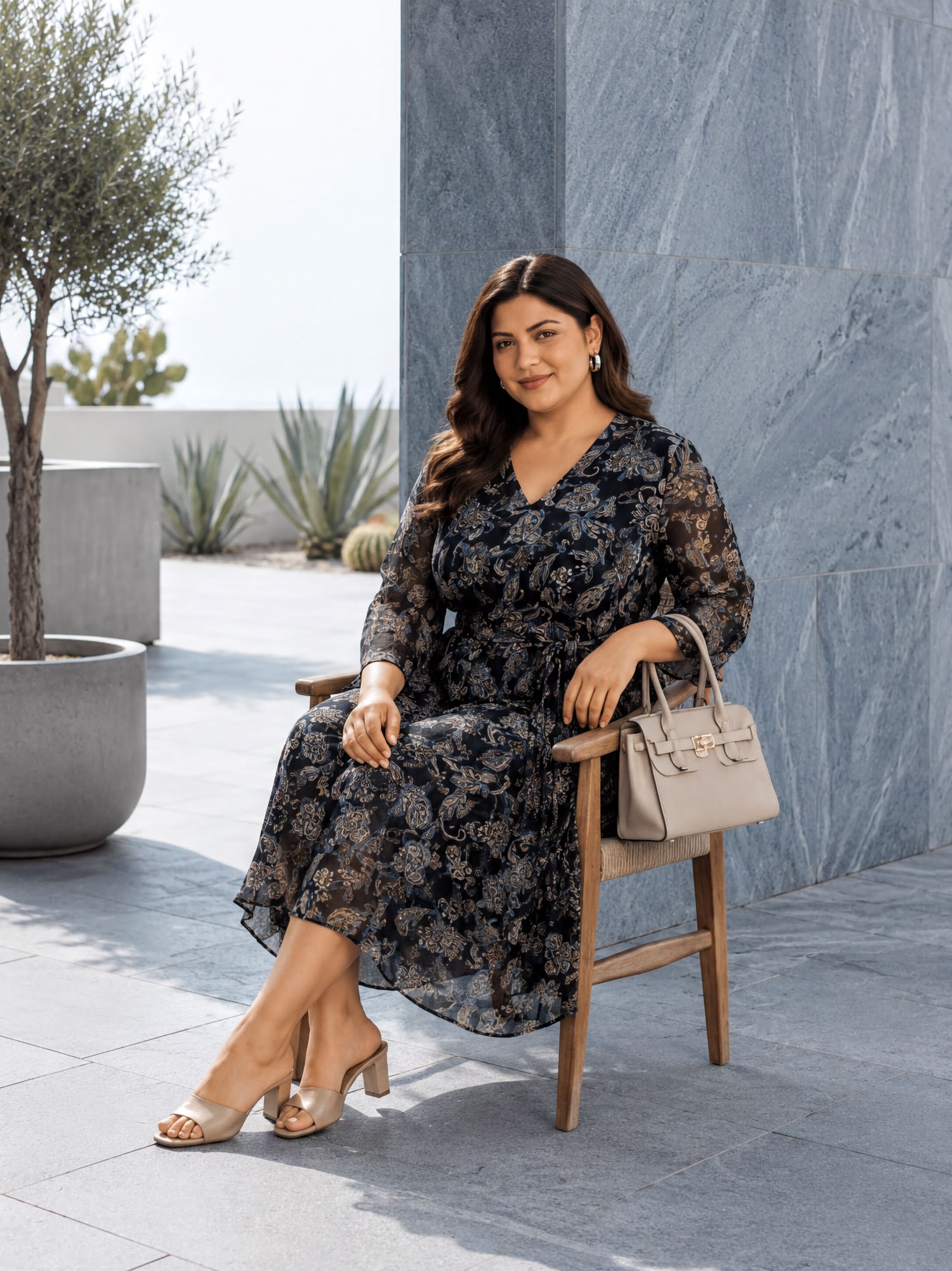 A woman in a black and white floral dress sits on a wooden chair, smiling at the camera, with a beige handbag beside her.