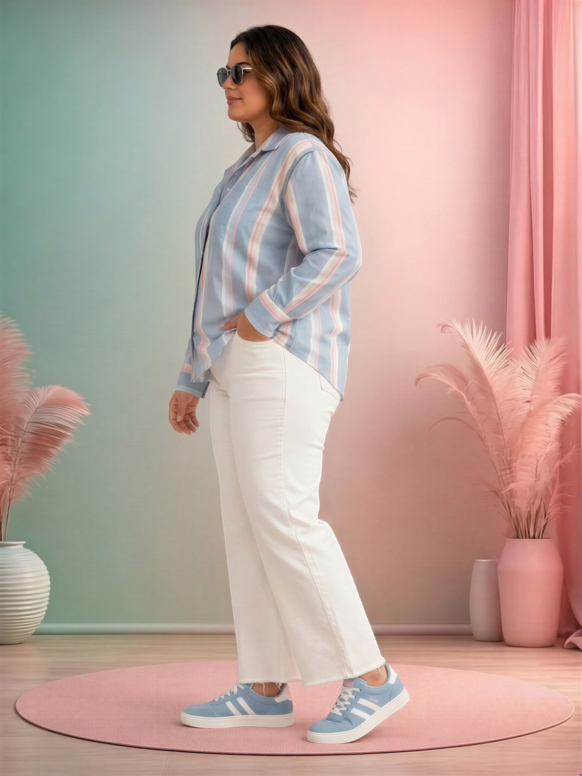 A woman wearing a striped shirt and white pants stands in a pink and green room, with a pink curtain and two potted plants in the background.