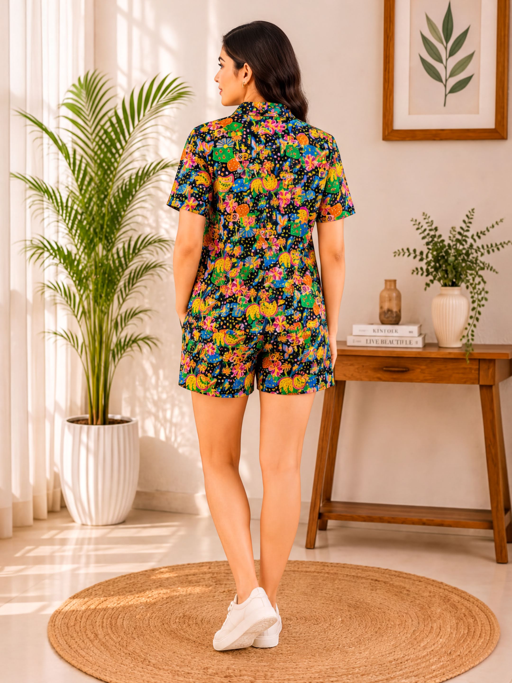 A woman wearing a colorful floral print dress stands in a room with a wooden table, potted plants, and a framed plant on the wall.