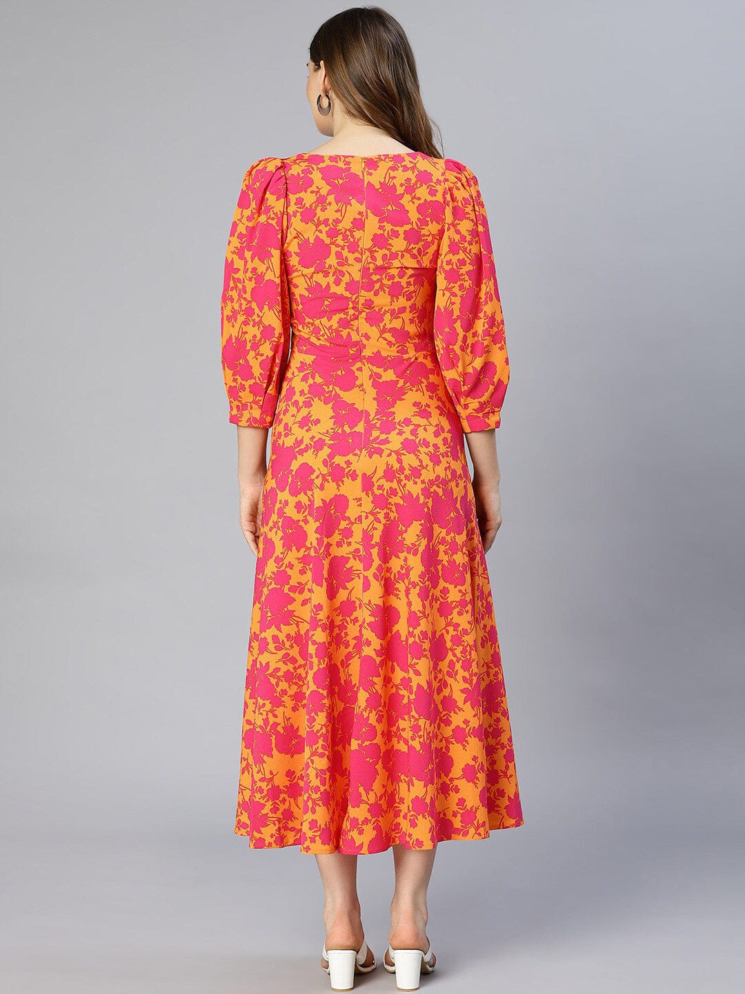 Orange Floral Printed Midi Dress