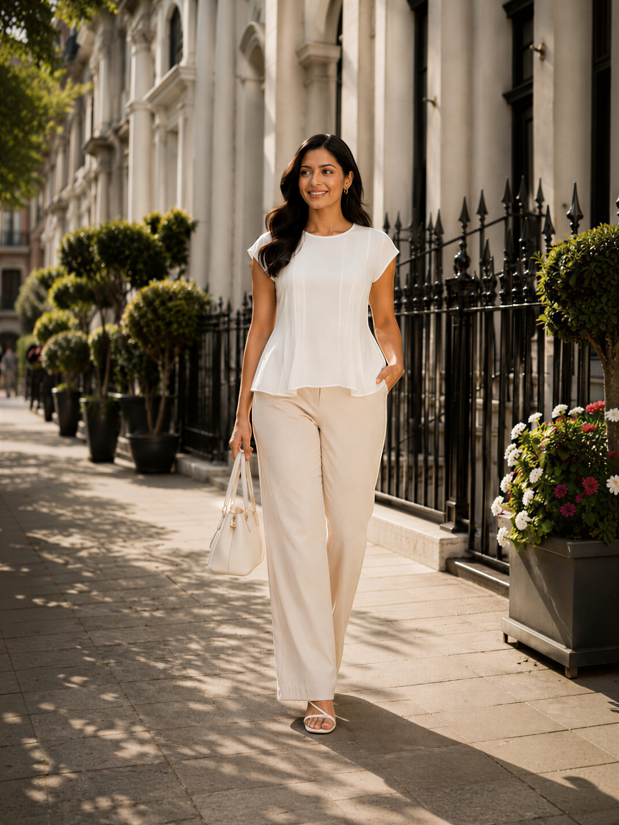 A woman in a white blouse and beige pants is walking down a sidewalk lined with potted plants and a black wrought iron fence.