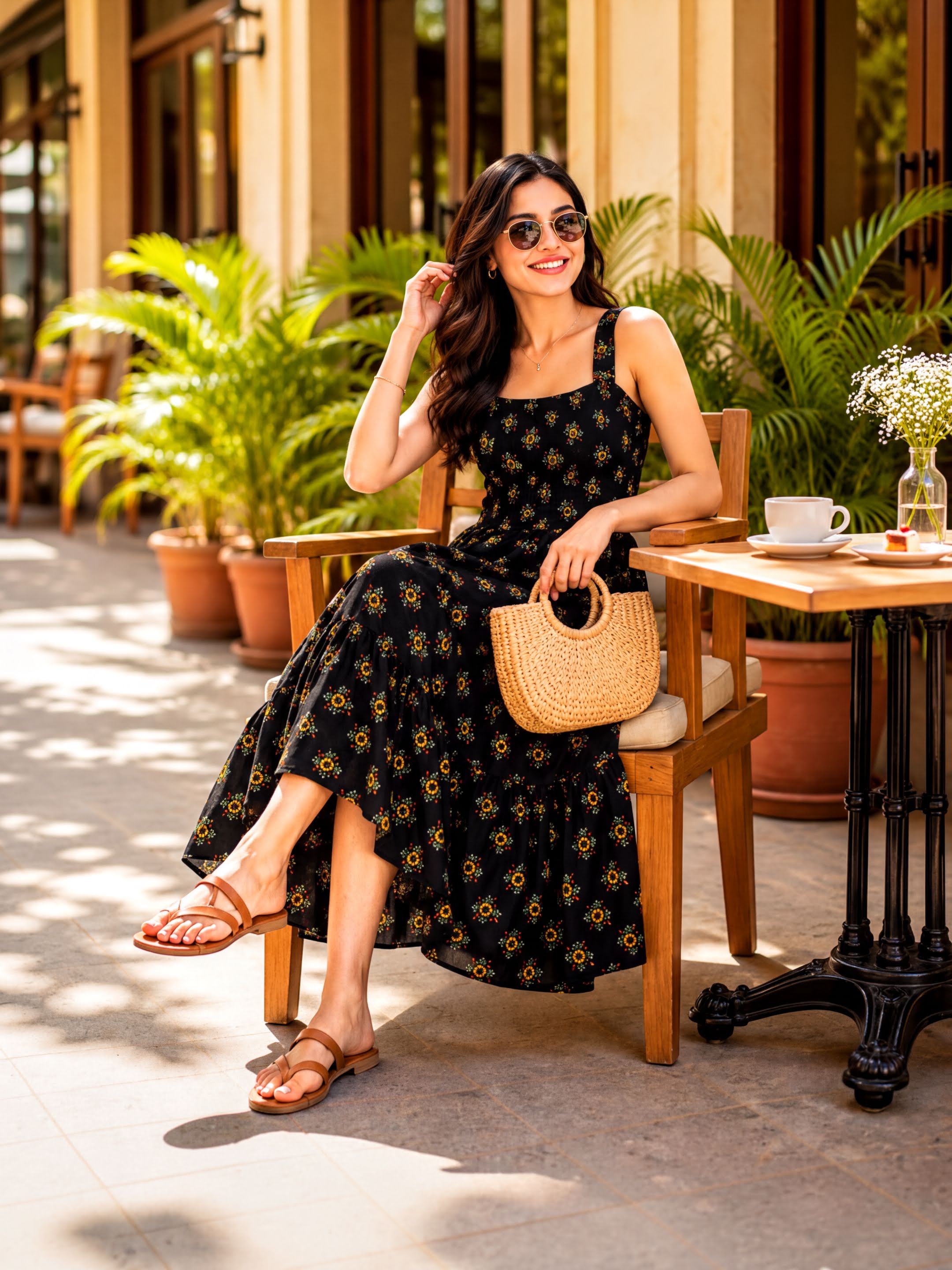 A woman in a black dress with yellow flowers is sitting at a table outdoors, smiling and holding a woven purse.