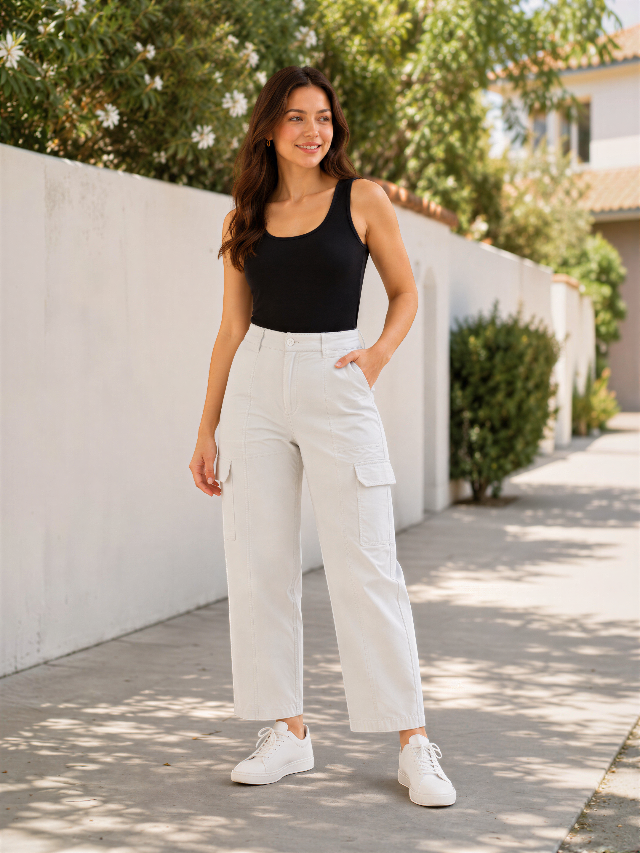 A young woman wearing a black tank top and white pants stands on a sidewalk, smiling and looking to her left.