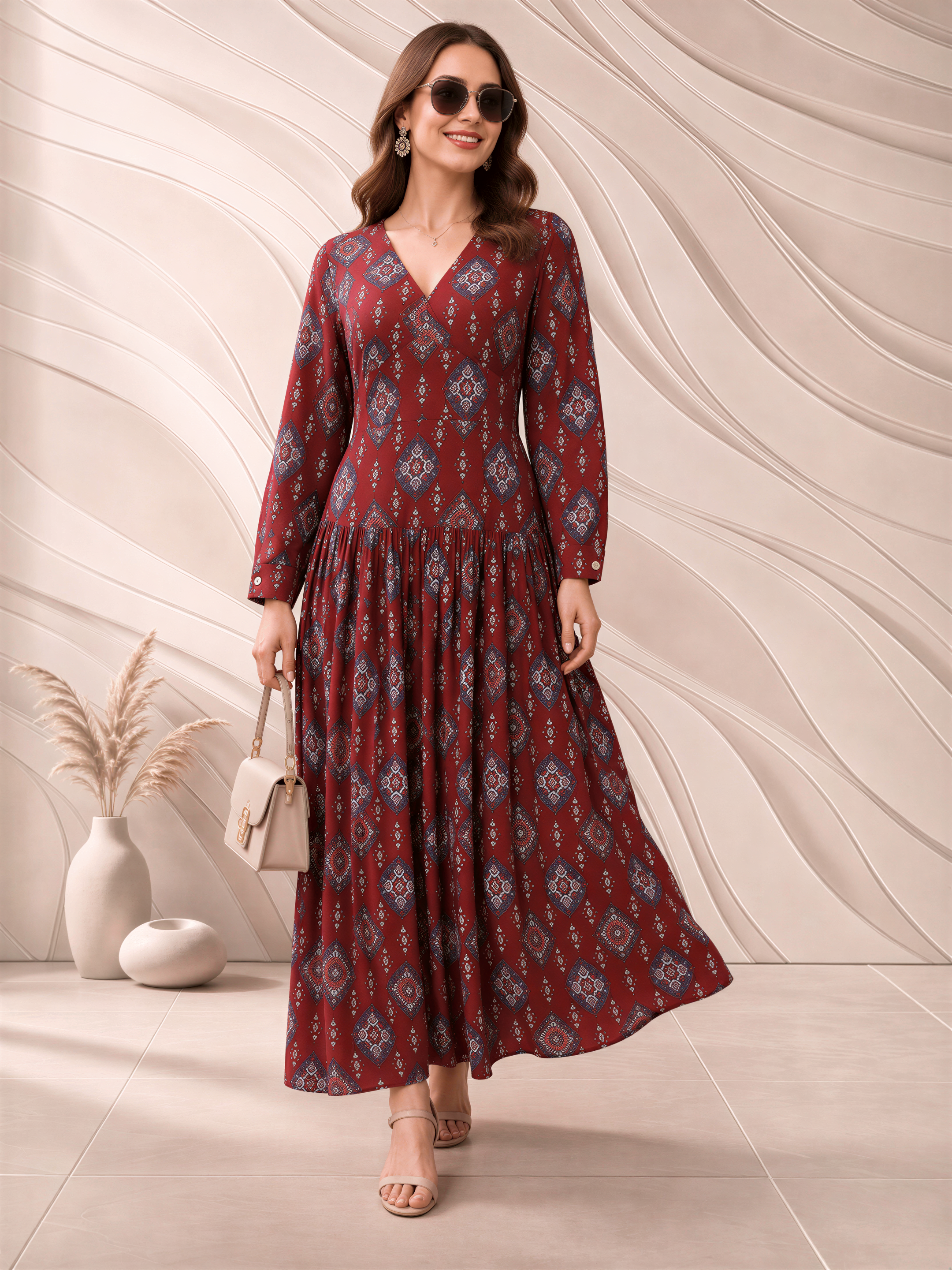 A woman wearing a long, burgundy dress with a patterned design, smiling and holding a small purse, standing in front of a beige wall with a vase of dried flowers.