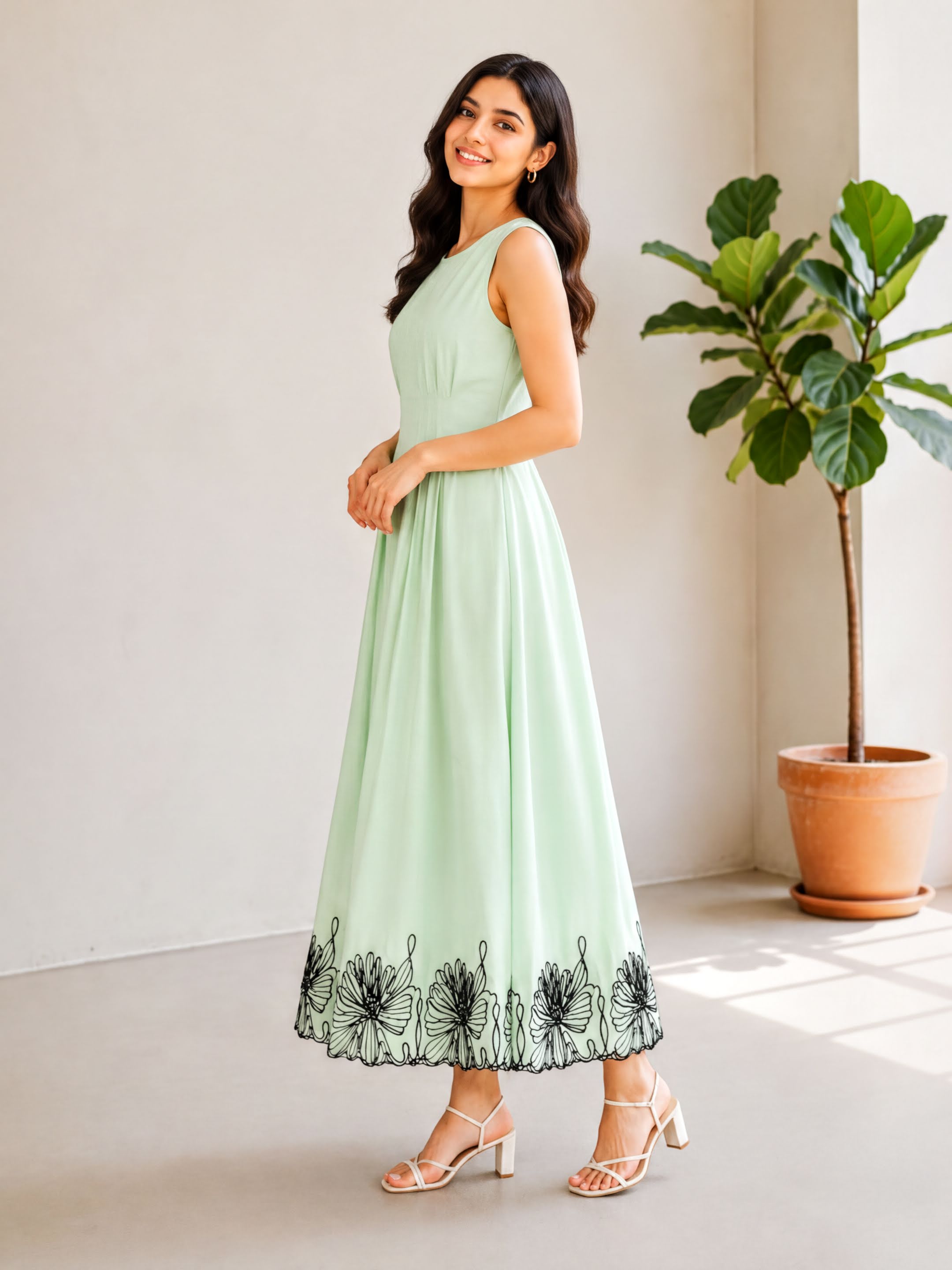 A woman in a mint green dress with black floral embroidery stands in a room with a potted plant.