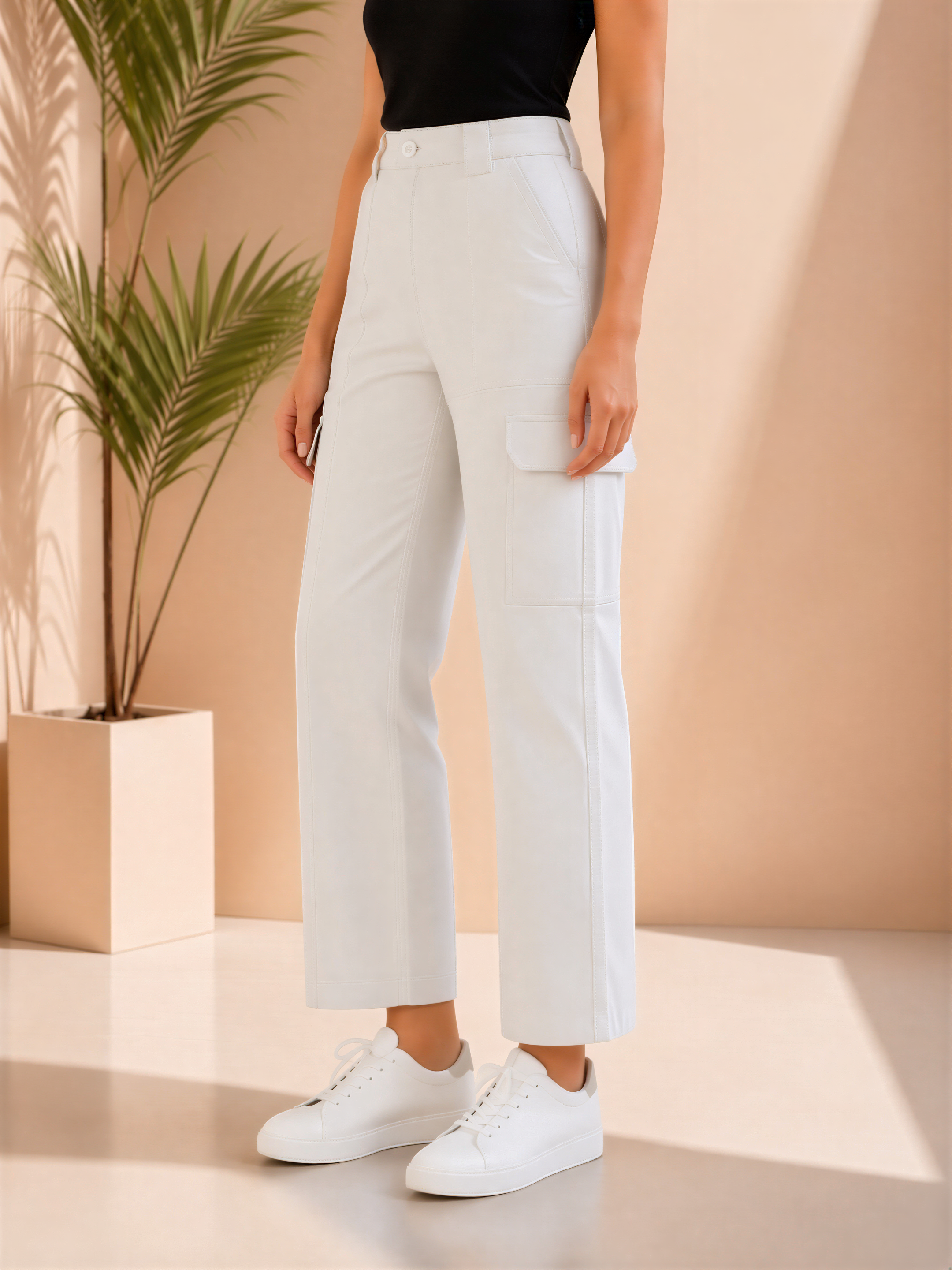 A person wearing white pants and white sneakers stands in front of a plant and a beige wall.