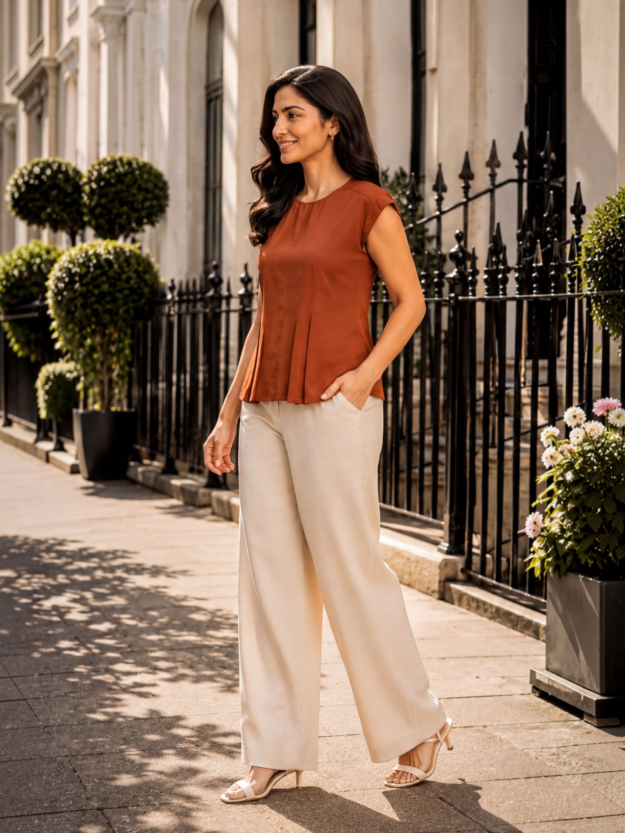 A woman in a red top and beige pants is walking down a sidewalk, smiling and looking to her left.