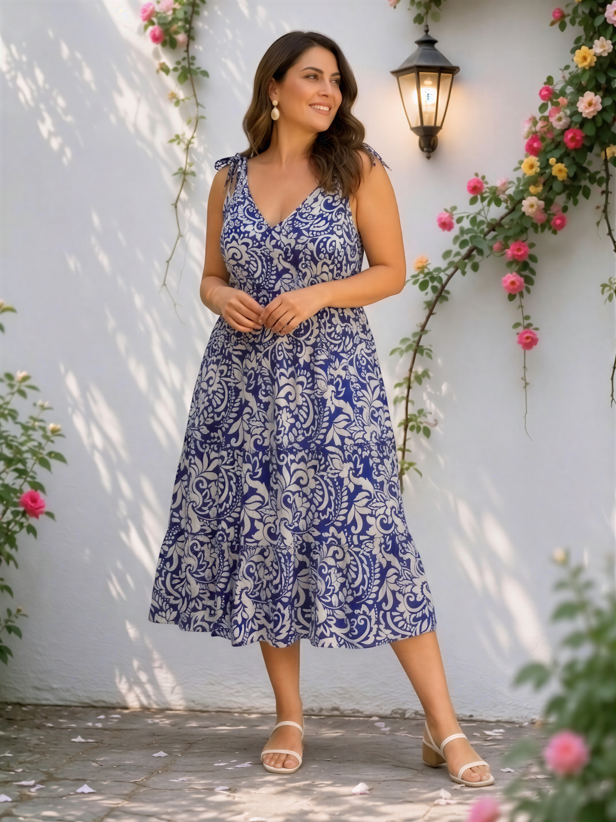 A woman wearing a blue and white patterned dress stands in front of a white wall with pink and yellow flowers, smiling and looking to the side.