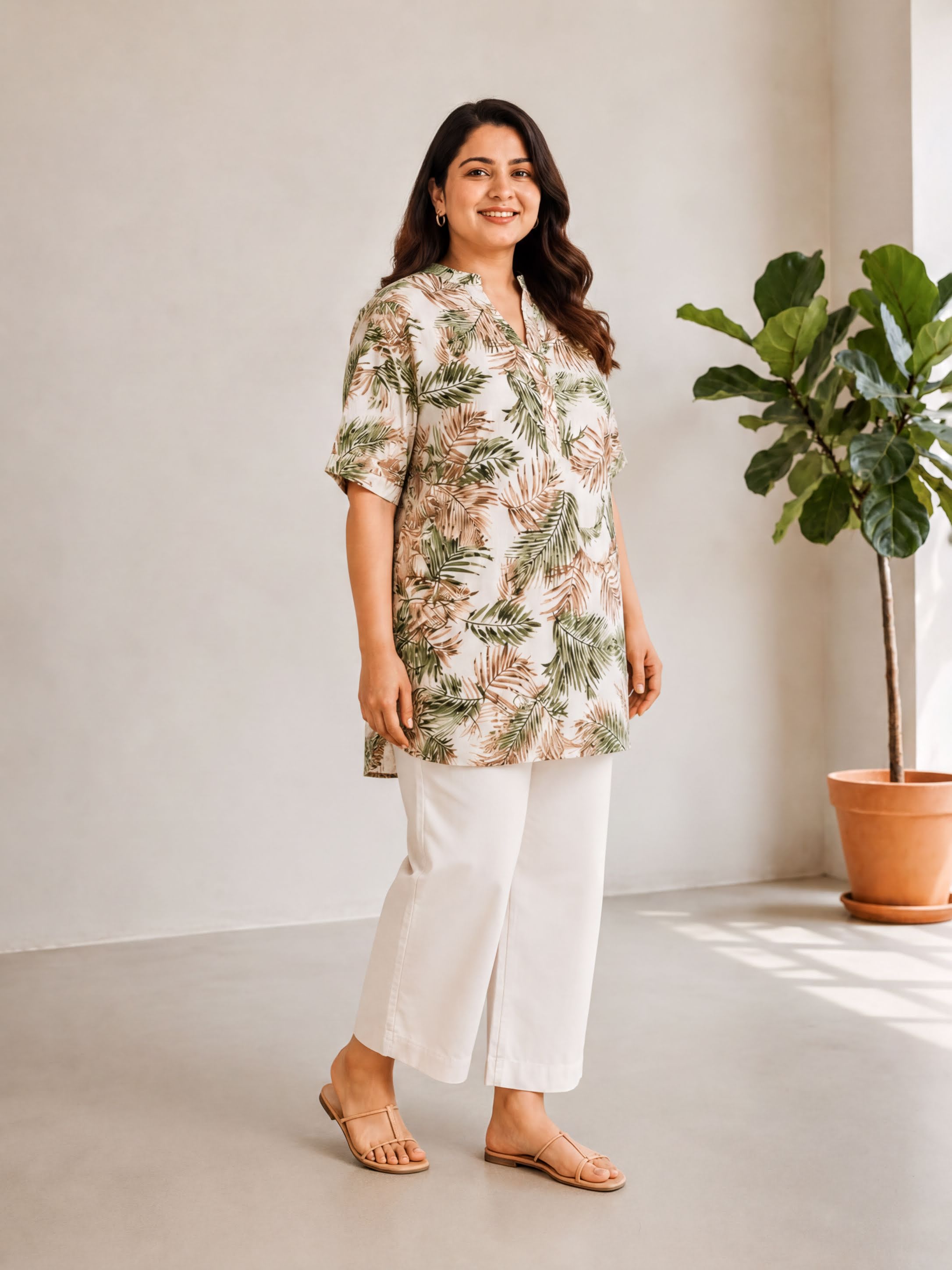 A woman wearing a white floral print dress and white pants stands in a room with a potted plant.