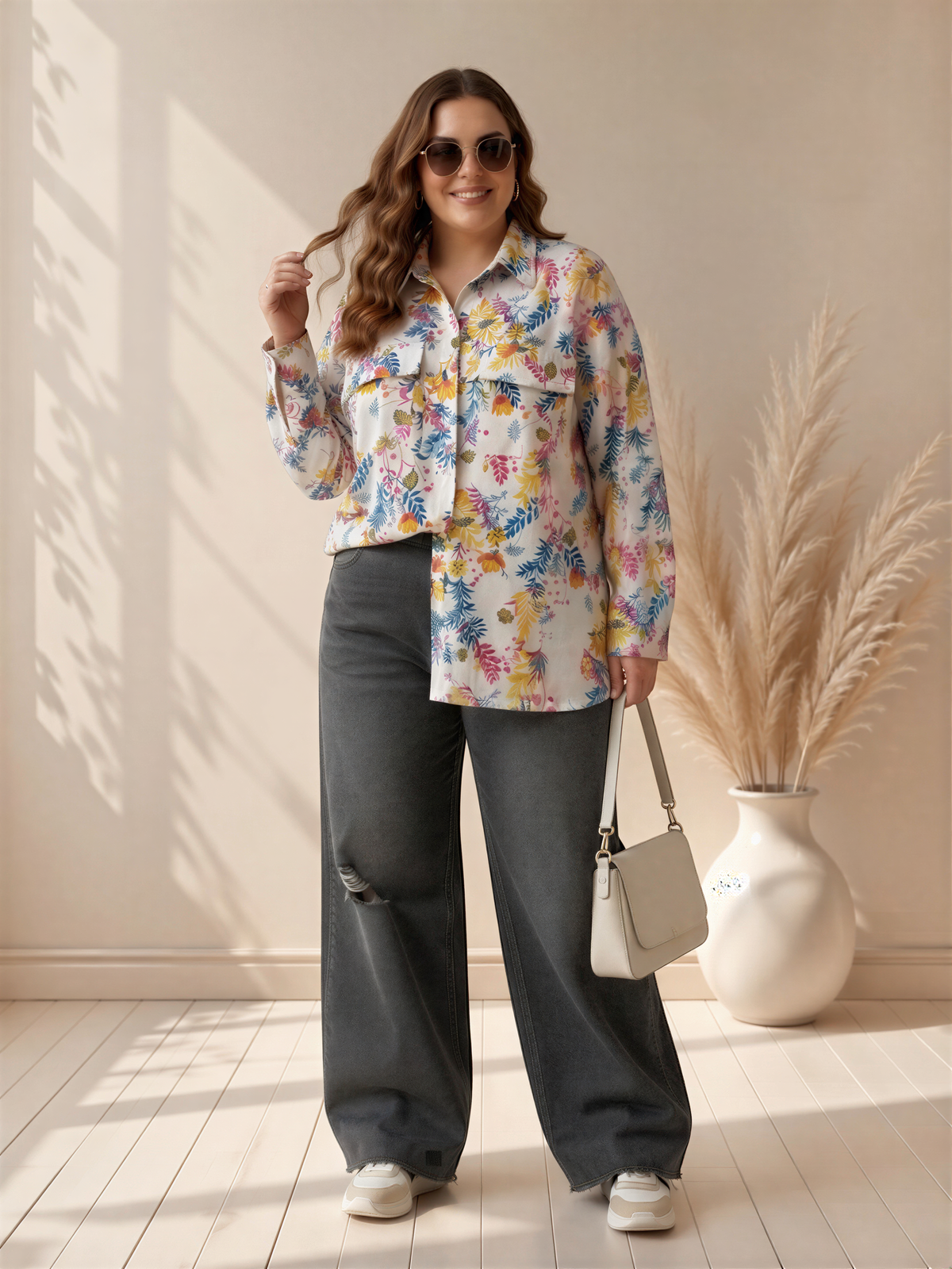 A woman wearing a floral print shirt, gray jeans, and sunglasses stands in a room with a white vase and potted plant.