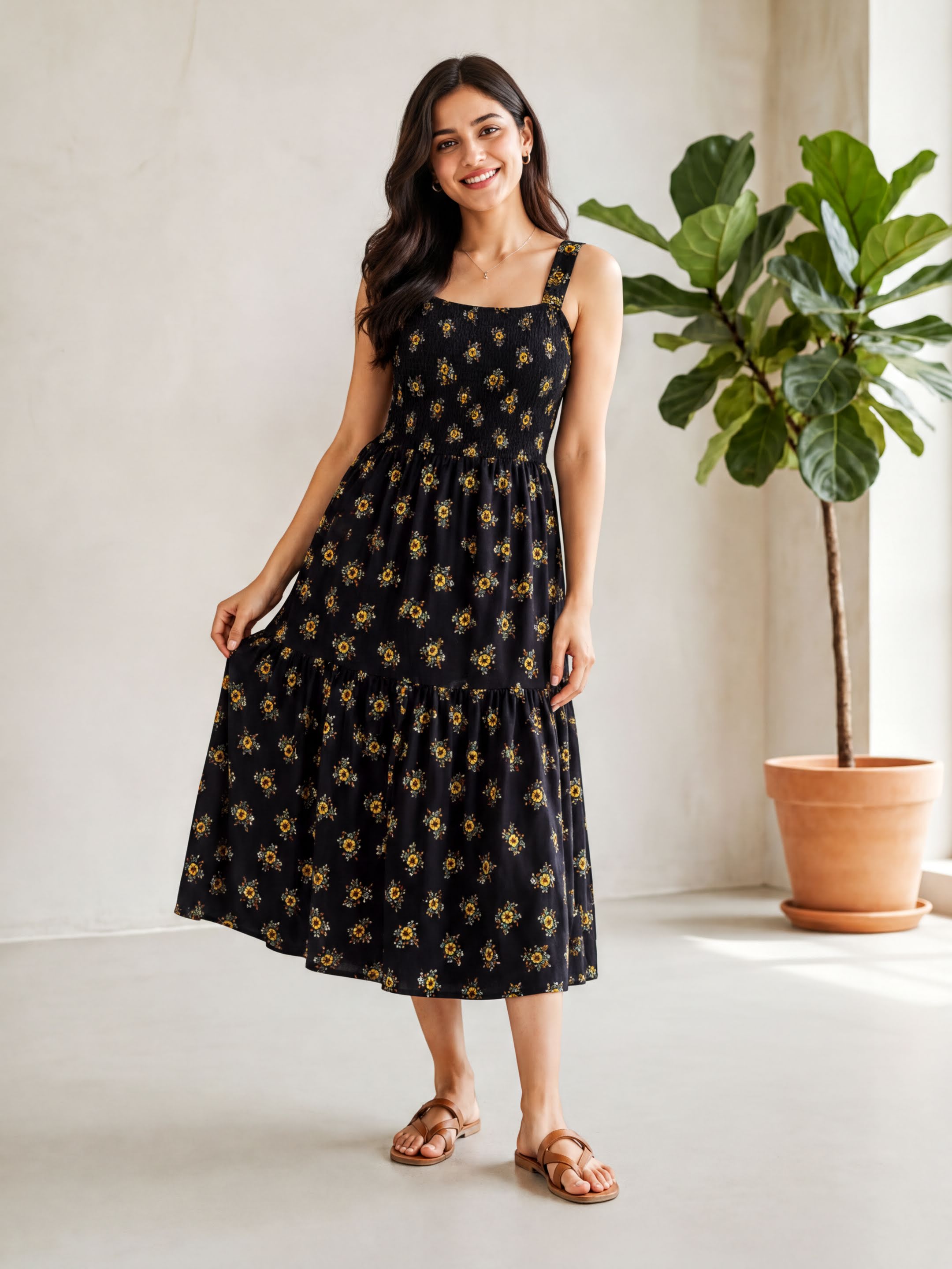 A woman wearing a black dress with yellow floral patterns is posing in a room with a potted plant.