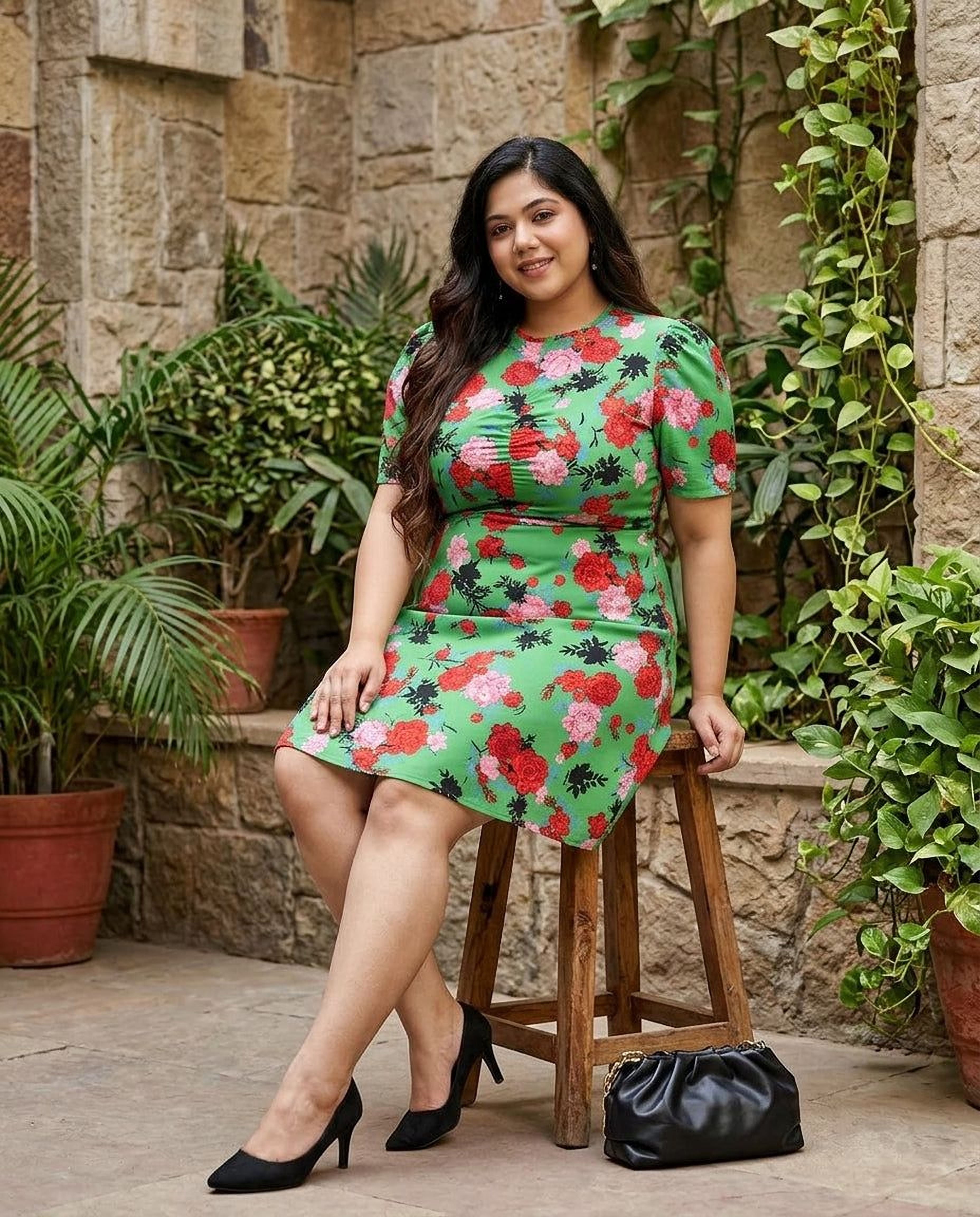 A woman wearing a green floral print dress and sunglasses, holding a black purse, and smiling at the camera.