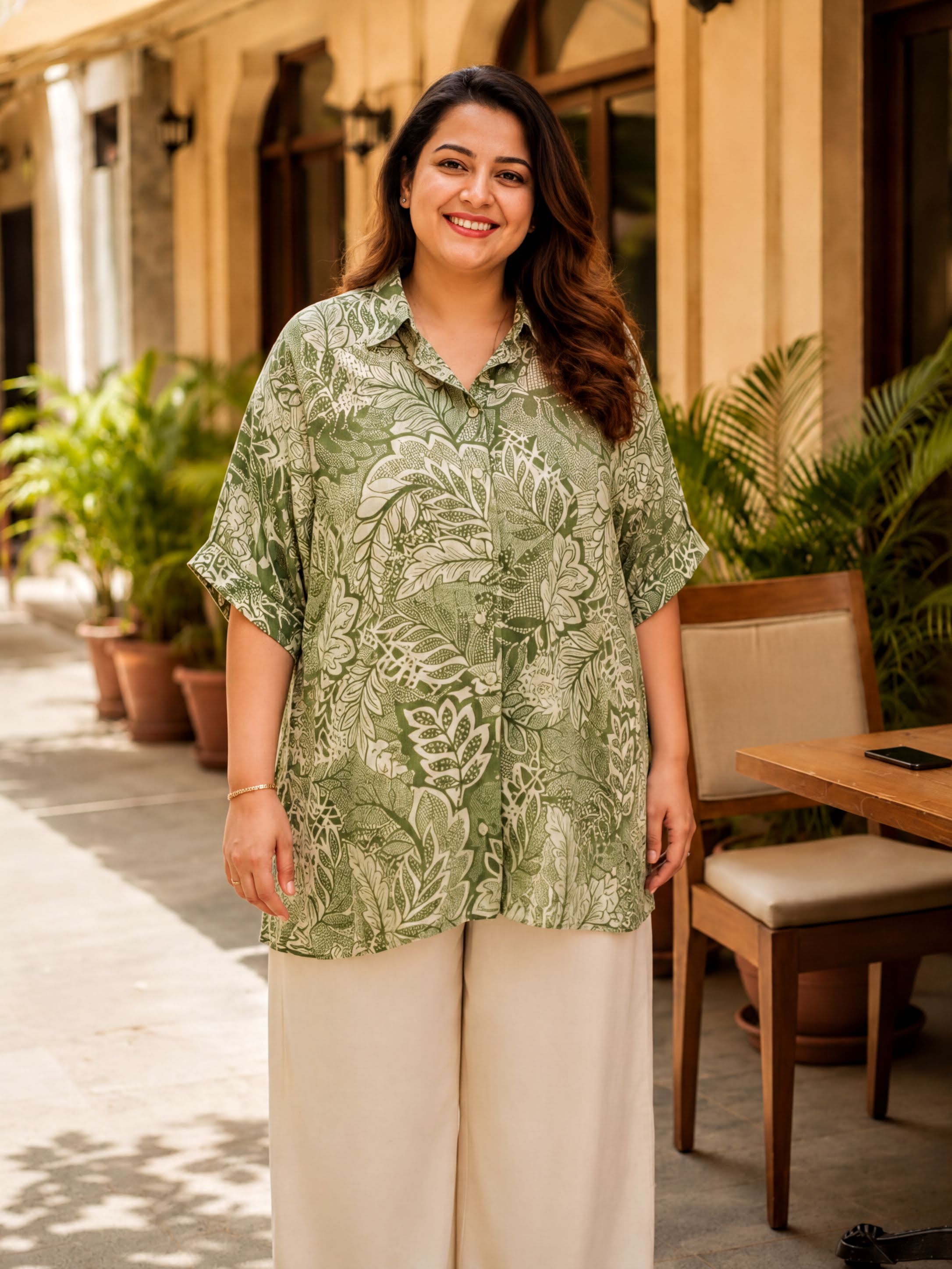 A woman wearing a green and white floral print shirt and beige pants stands in front of a building with potted plants.