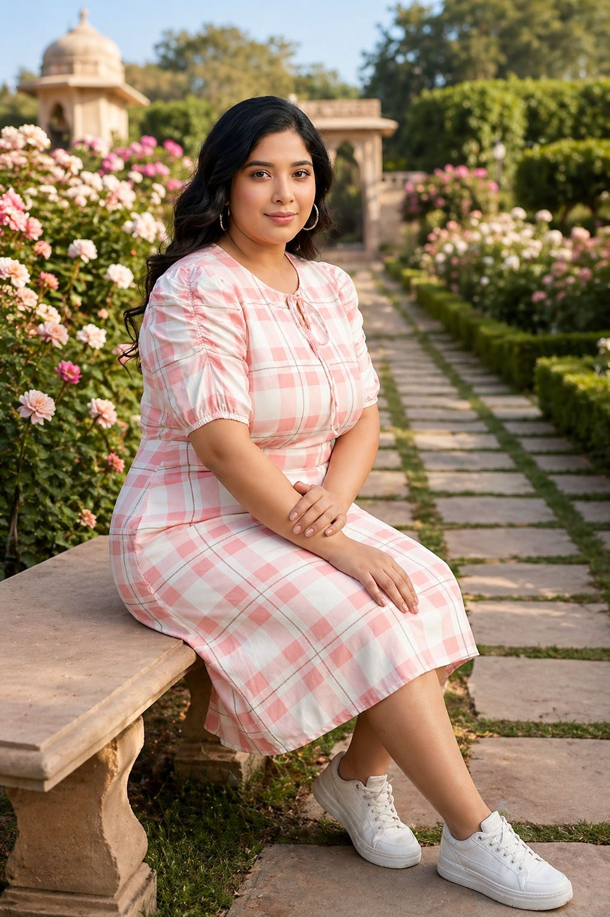 Plus size woman in a pink plaid midi dress sitting on a bench in a flower garden
