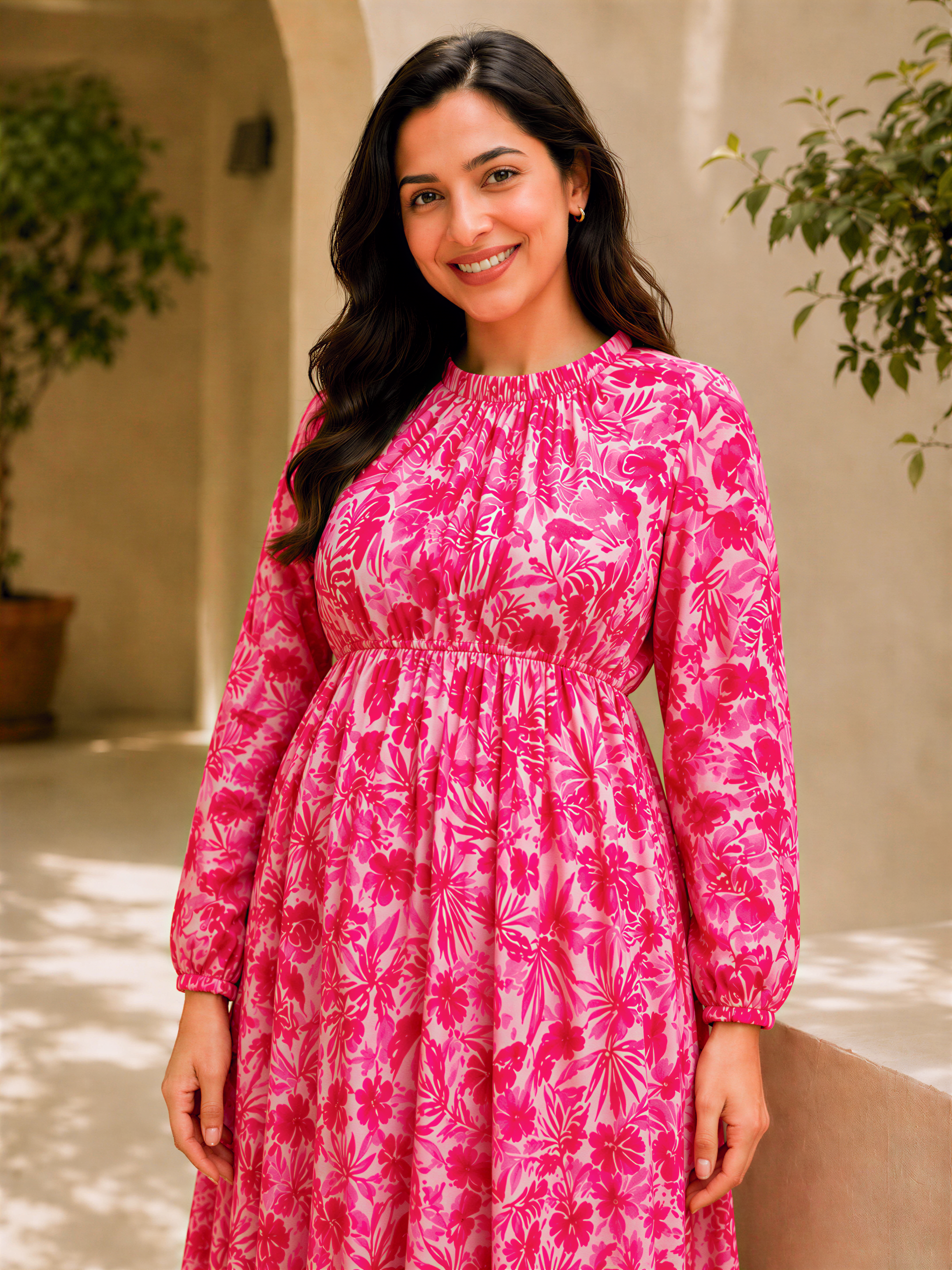 A woman wearing a long pink dress with a floral pattern is smiling and posing for the camera.