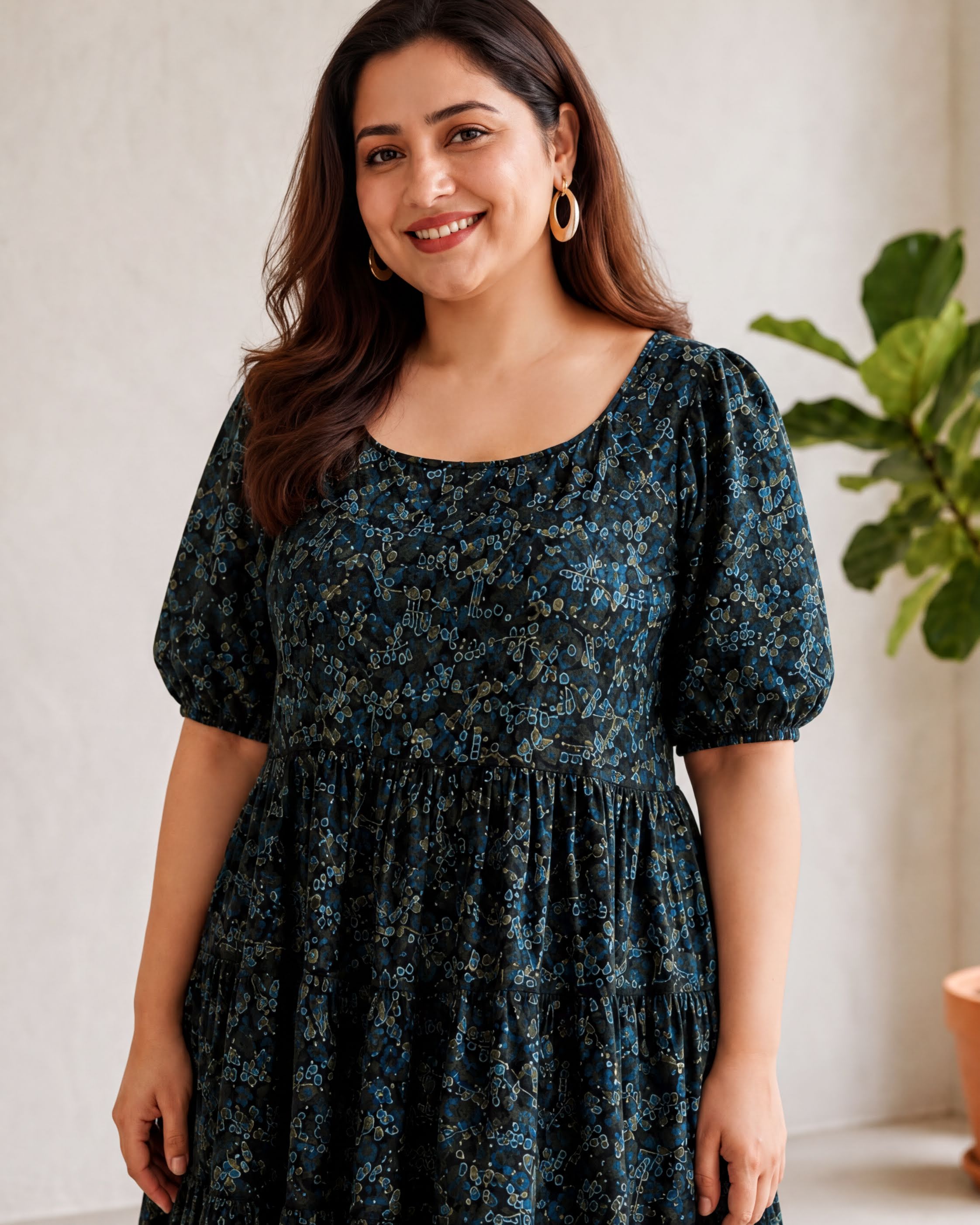 A woman wearing a blue and green floral print dress with puffed sleeves, smiling at the camera.