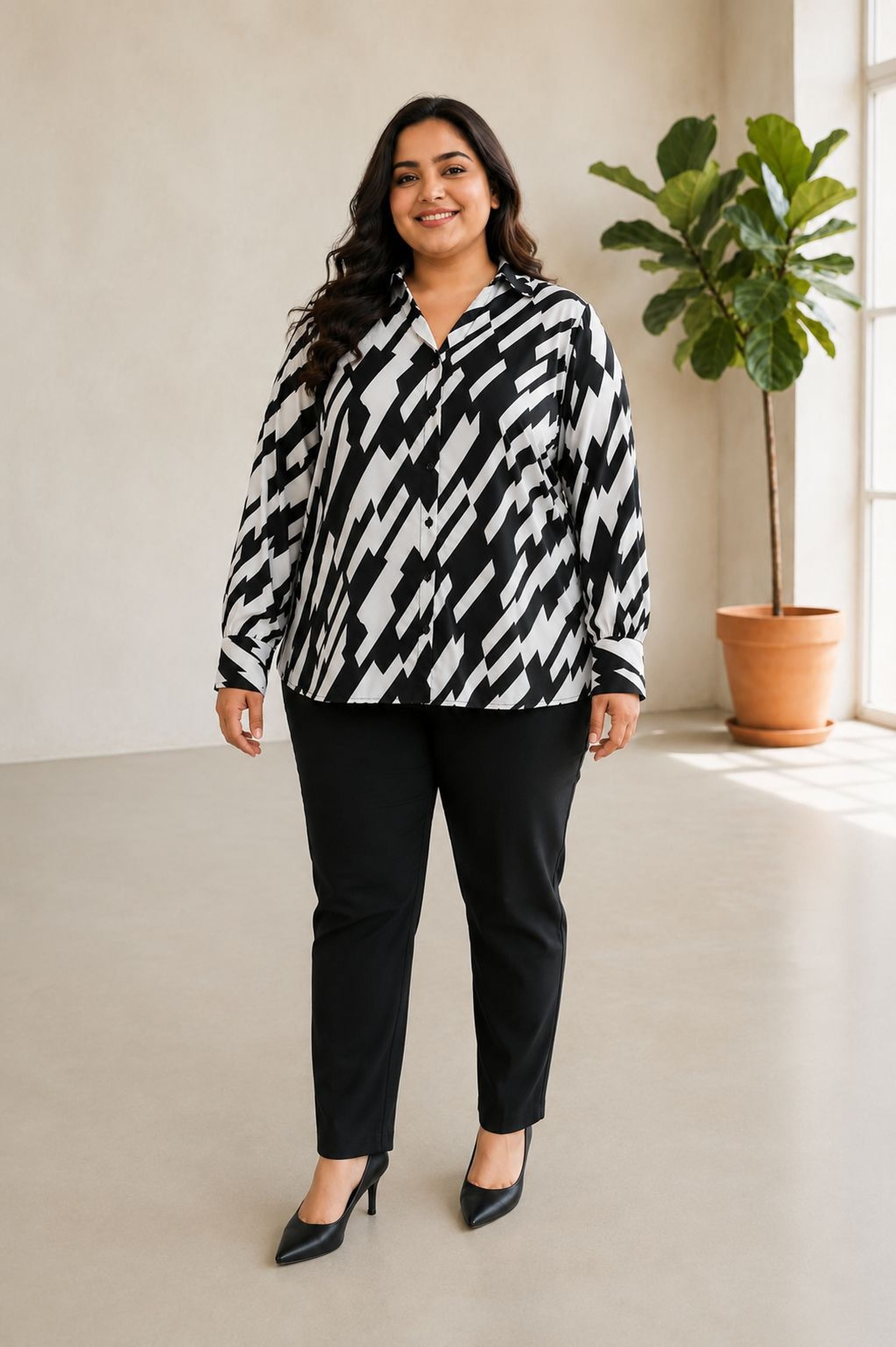 A woman wearing a black and white patterned blouse and black pants stands in a room with a potted plant in the background.