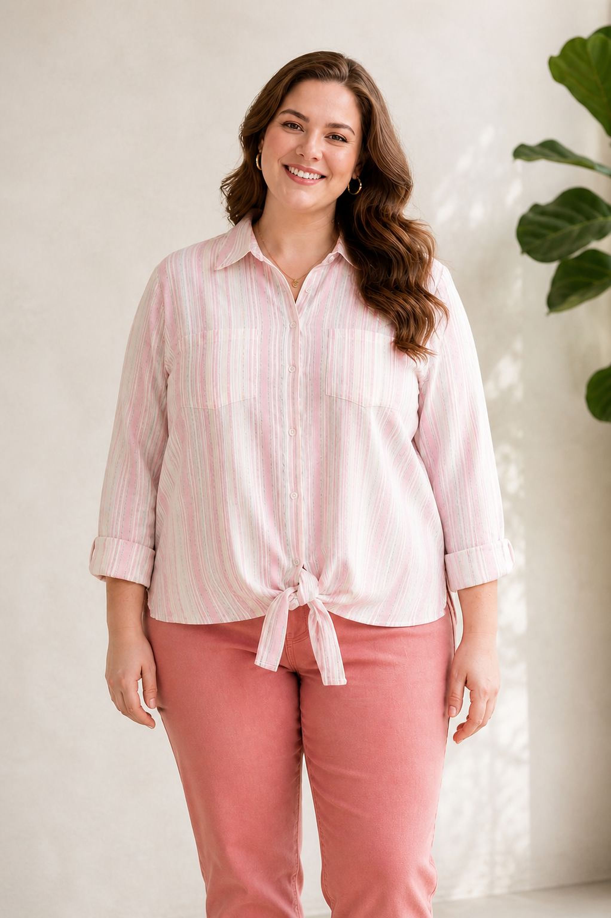 A woman with long brown hair is smiling and wearing a pink striped shirt and pink pants.