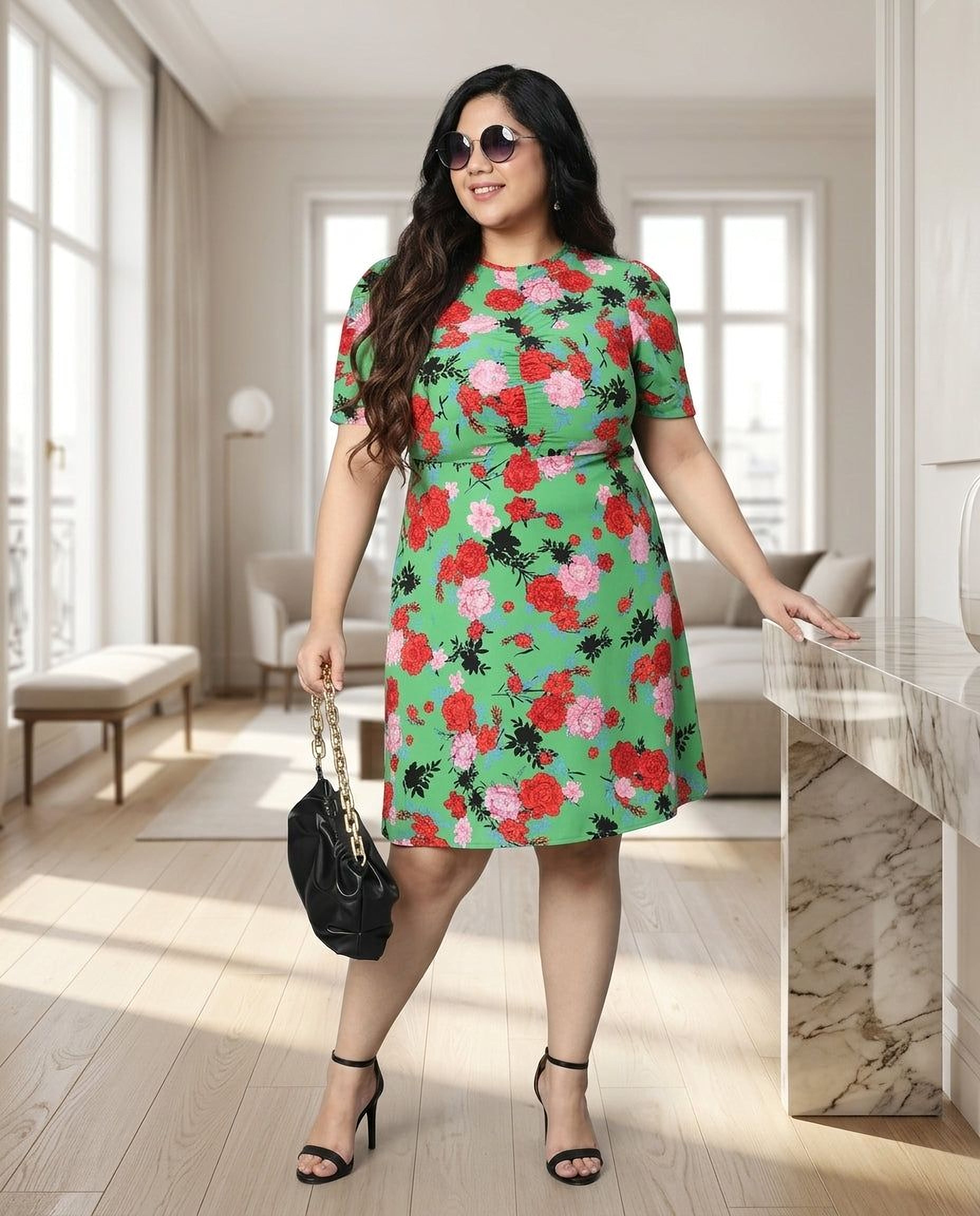 A woman wearing a green floral print dress and sunglasses, holding a black purse, and smiling at the camera.
