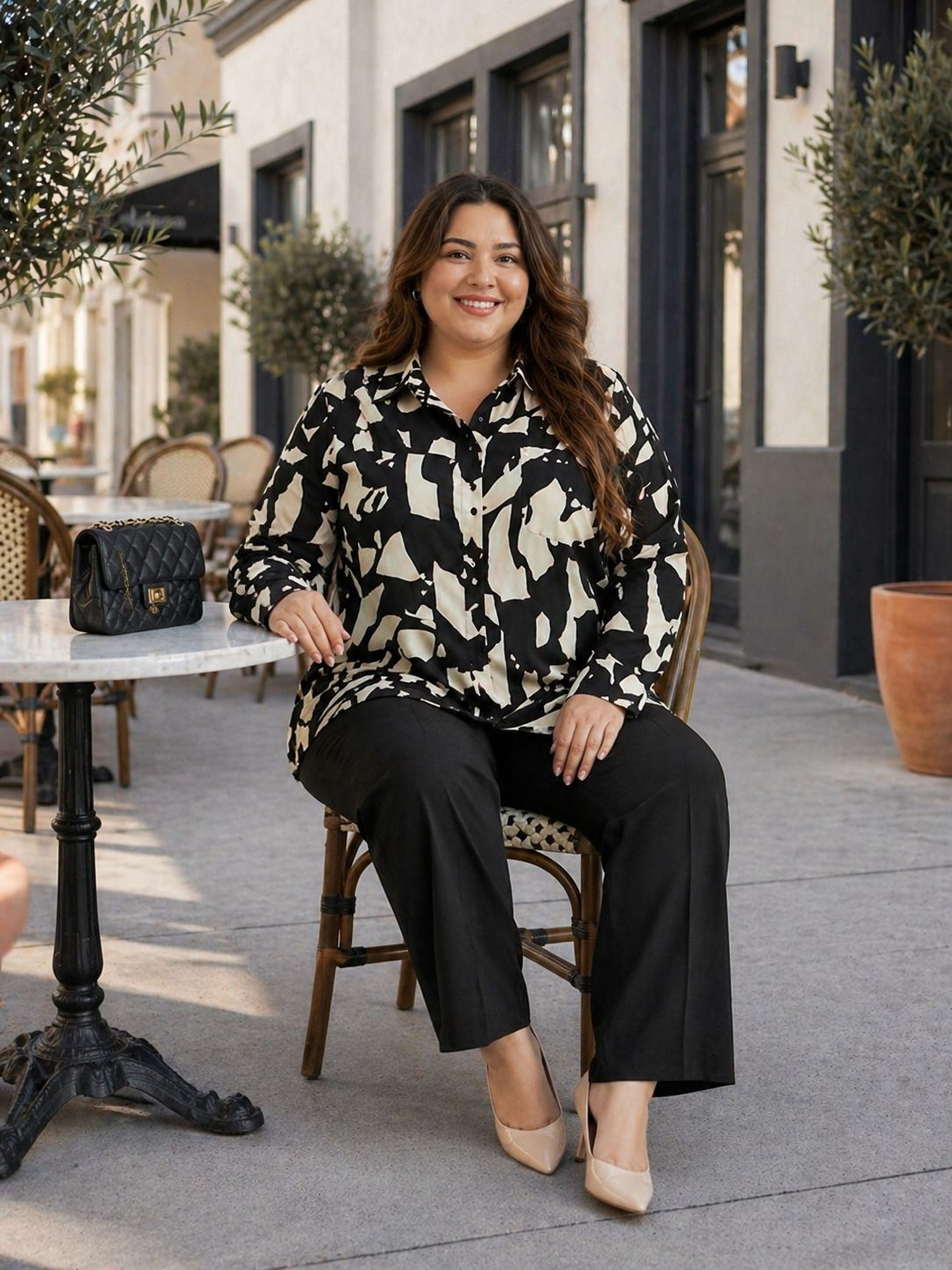 A woman is sitting on a chair outside a building, wearing a black and white patterned blouse and black pants. She is smiling and appears to be enjoying her time outdoors.