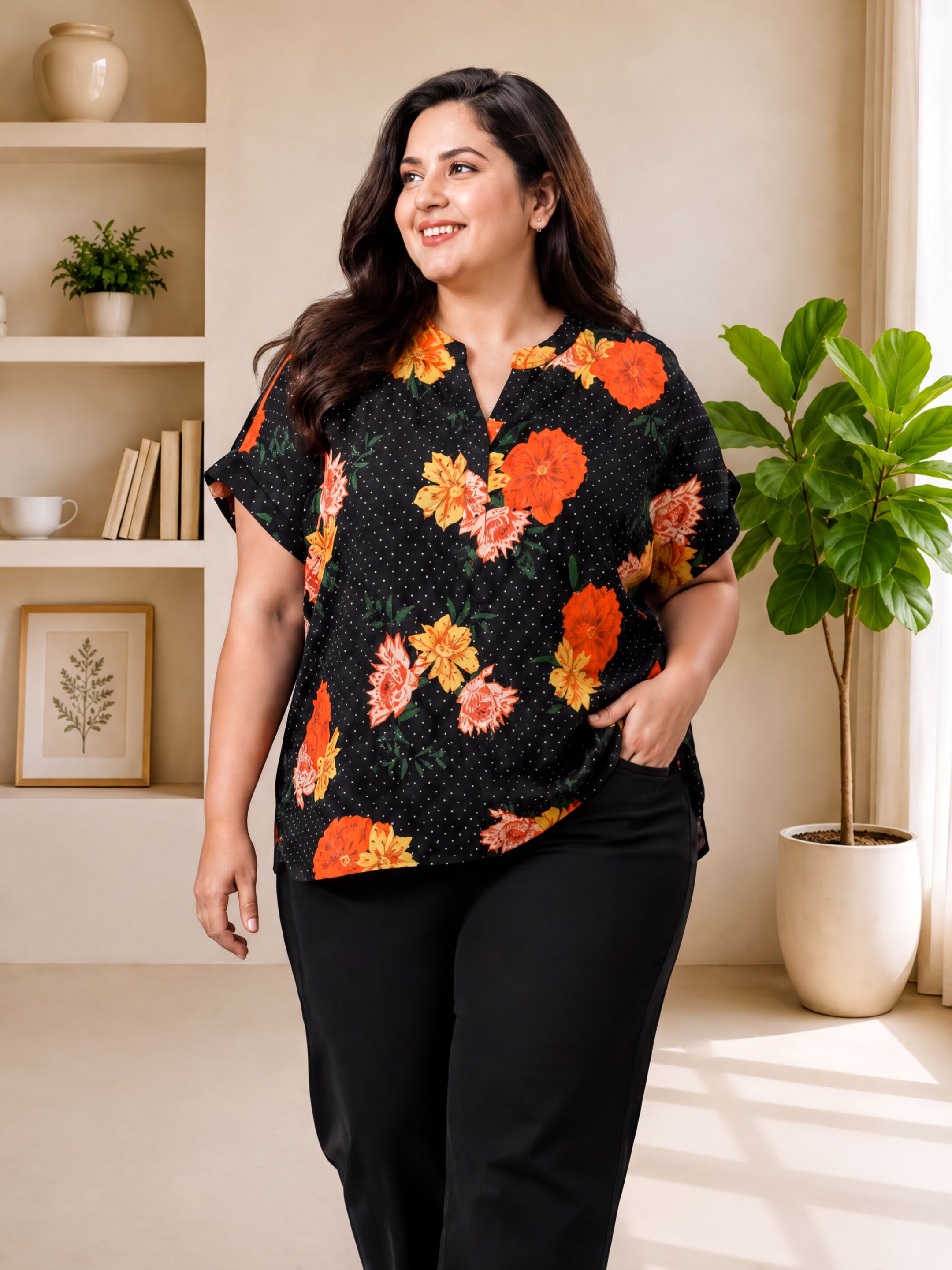 A woman wearing a black and orange floral blouse stands in a room with a shelf of books and a potted plant.