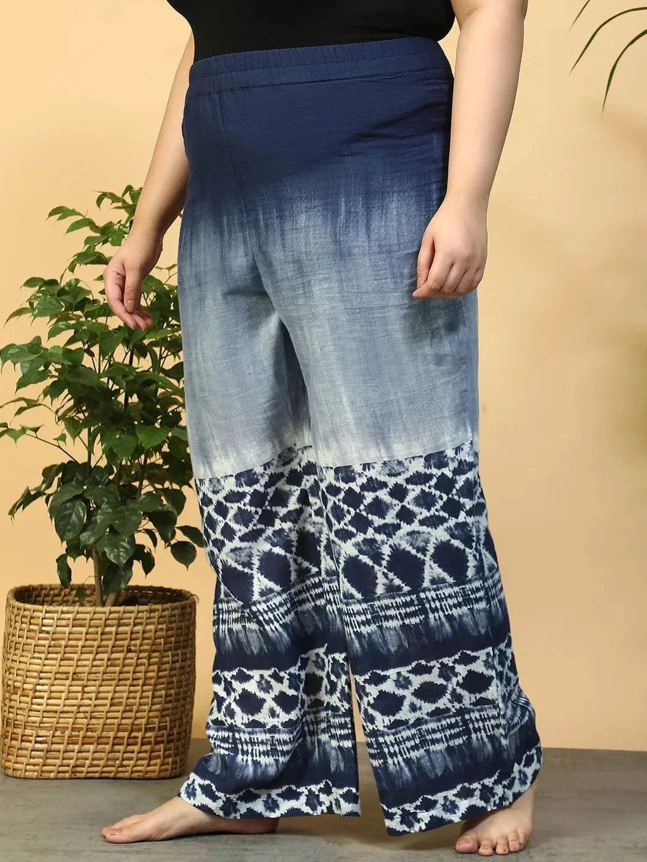 Navy Blue Tie Dye Print Flared Elasticated Waist Plus Size Women Beachwear Cotton Pant   oxolloxo