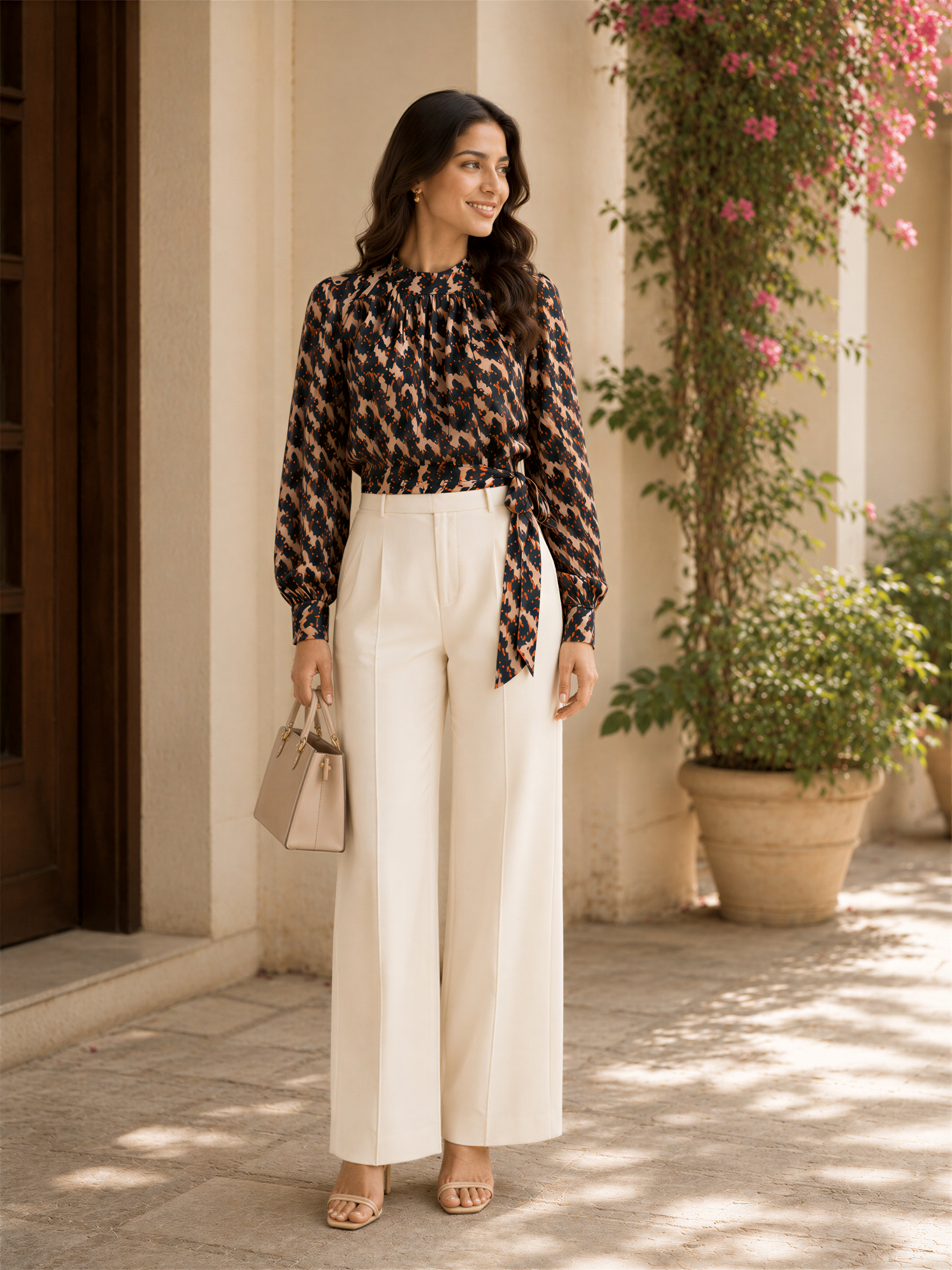 A woman wearing a black and brown patterned blouse and white wide leg pants, standing in front of a building with pink flowers. She is holding a small purse and smiling.