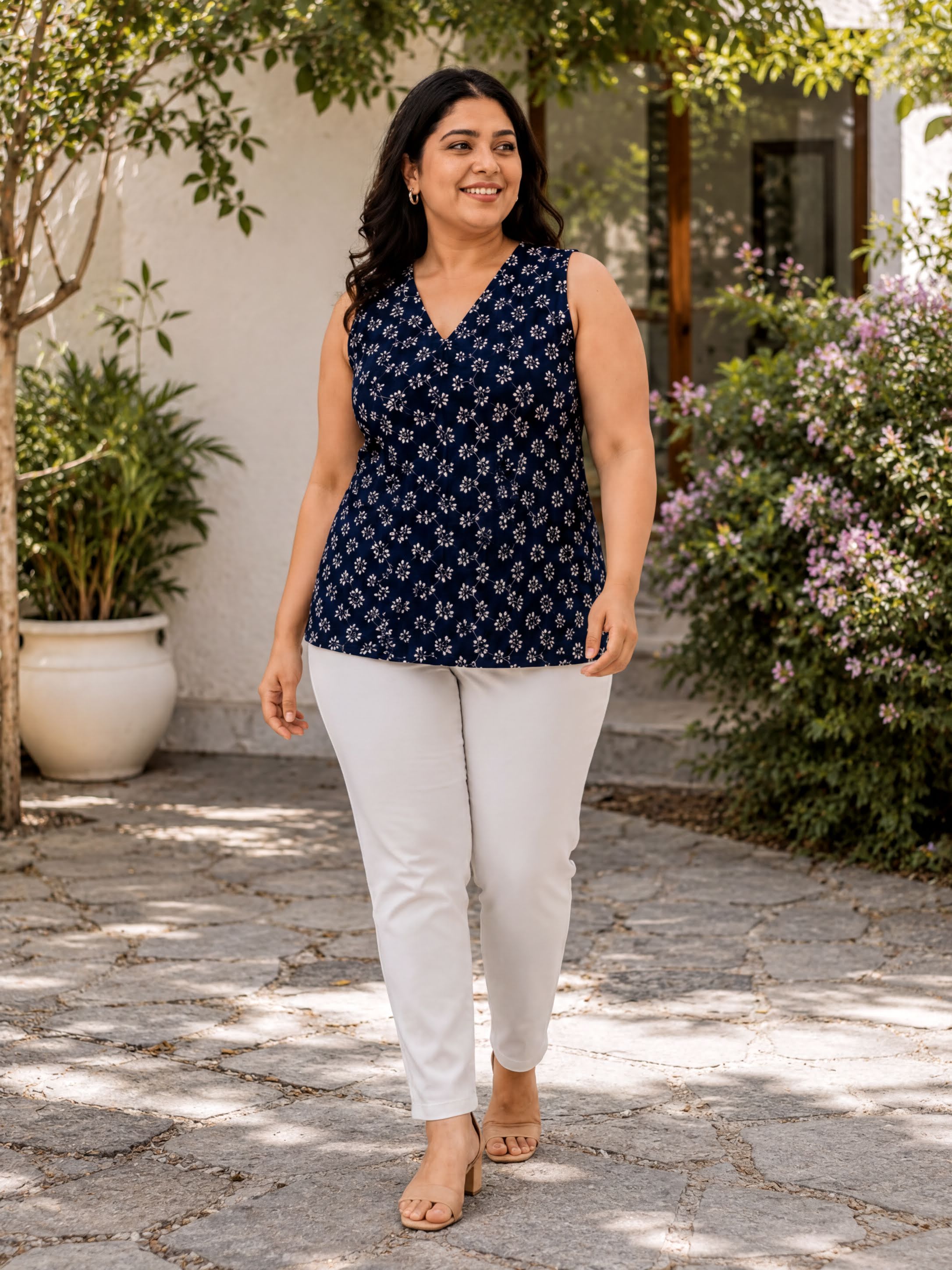 A woman wearing a navy blue sleeveless blouse with a floral pattern, white pants, and beige heels is walking on a stone path surrounded by greenery.