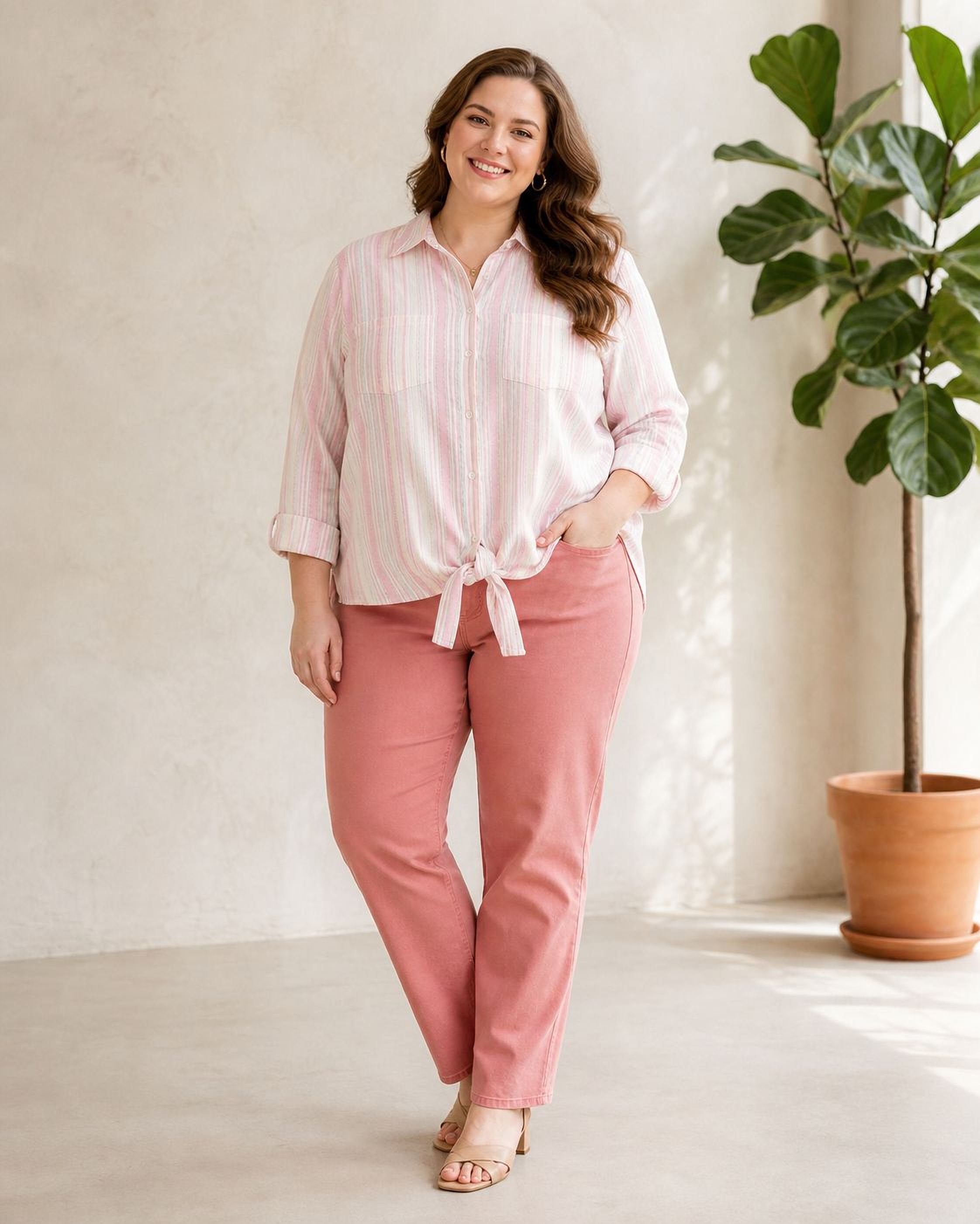 A woman wearing a pink striped shirt and pink pants stands in a room with a potted plant.