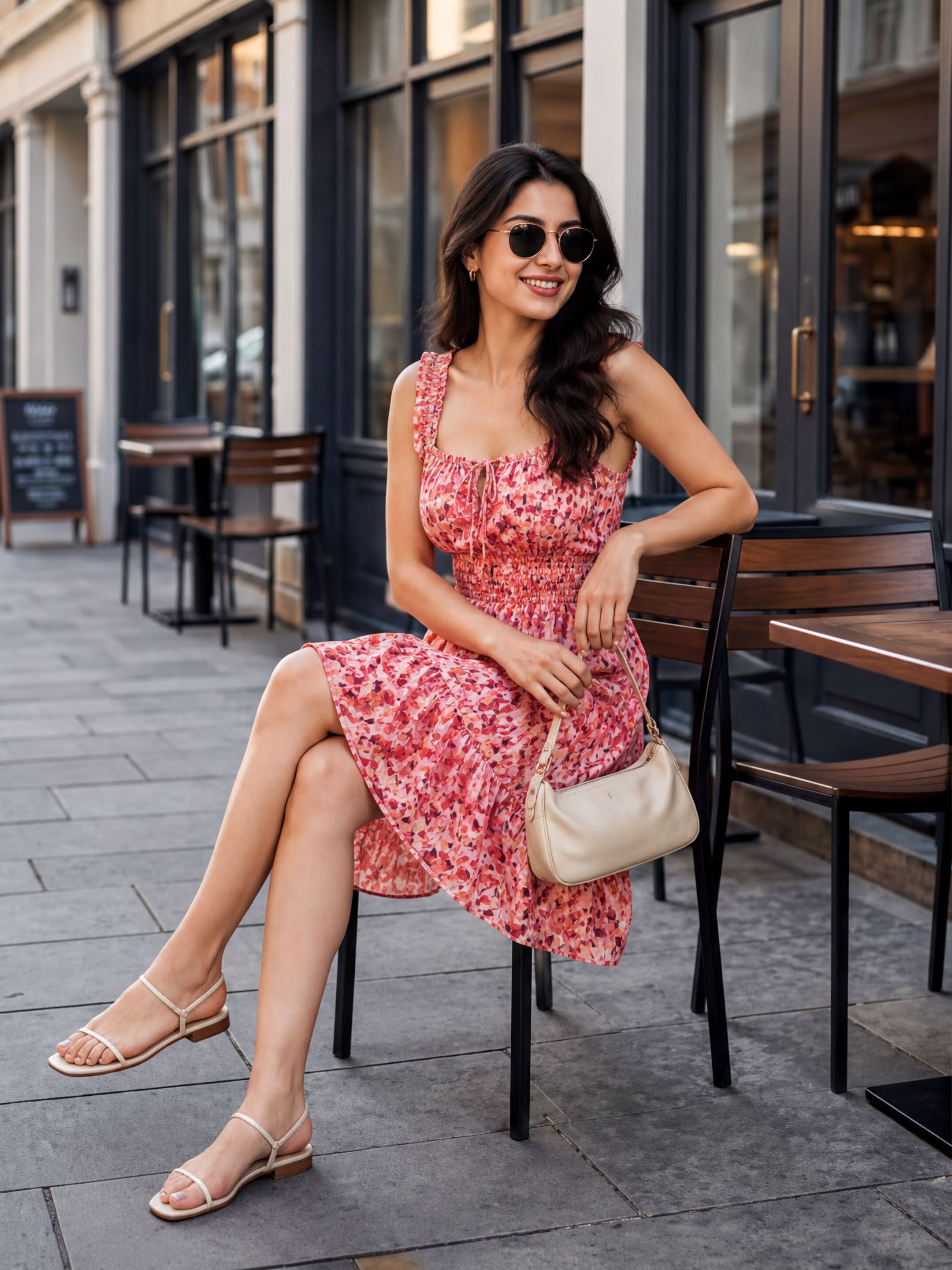 A woman in a pink floral dress is sitting on a chair outside a building, smiling and holding a small white purse.