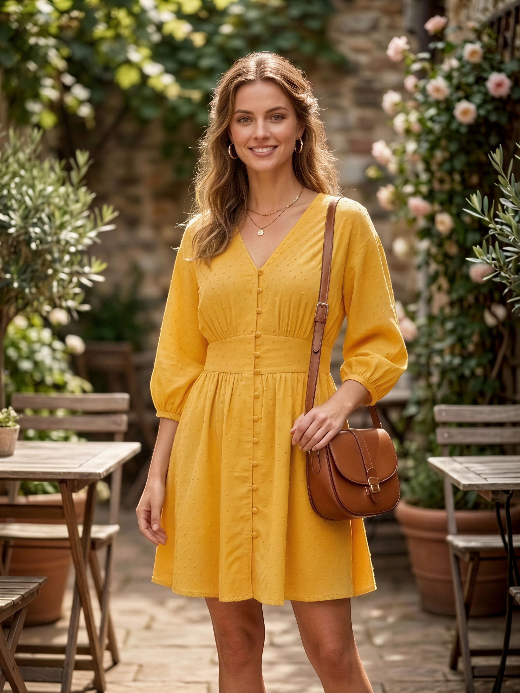 A woman in a yellow dress stands in a garden, smiling and holding a brown purse.