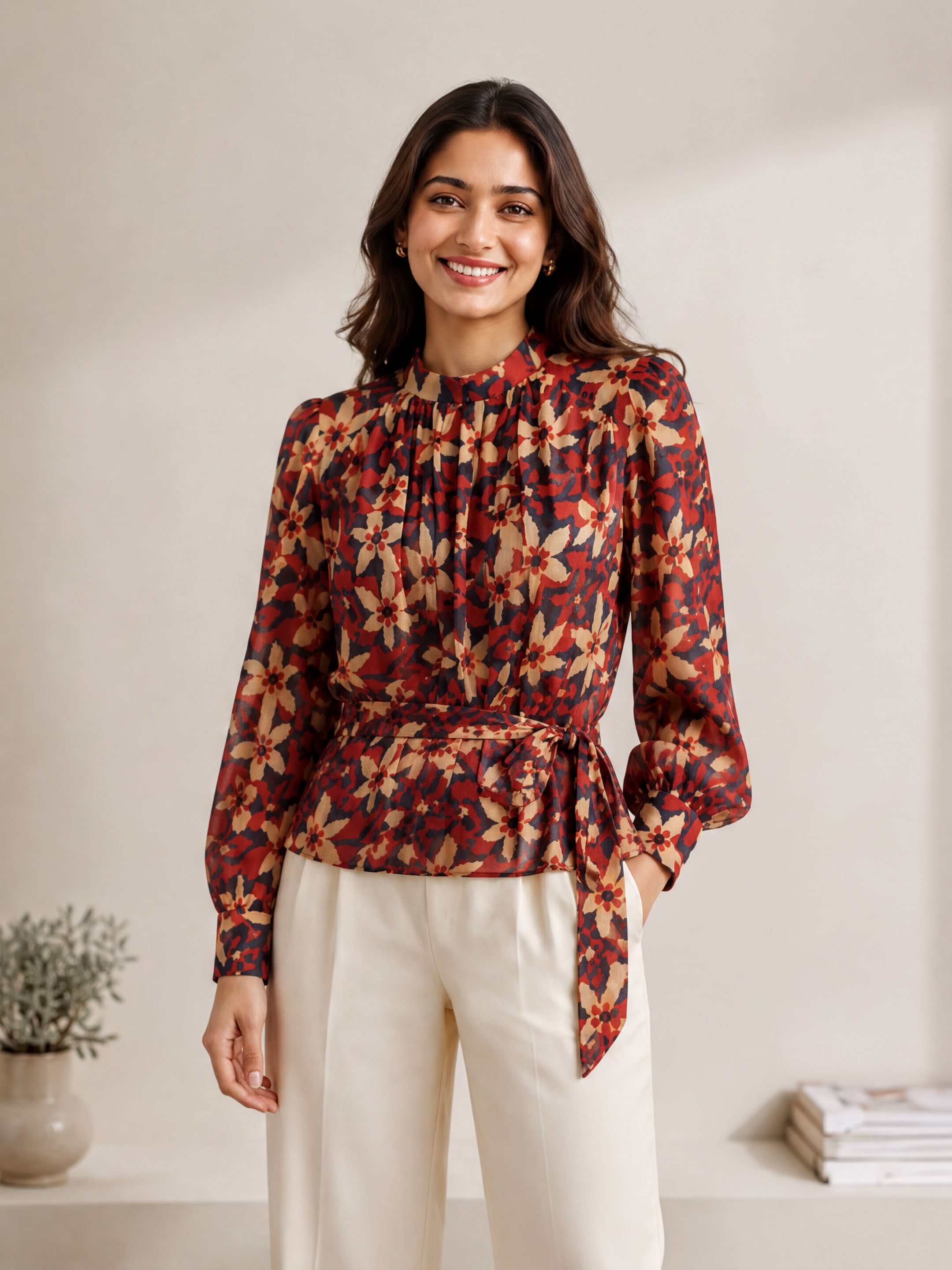 A woman wearing a red and black floral blouse with a high neck and long sleeves, standing in front of a white wall.