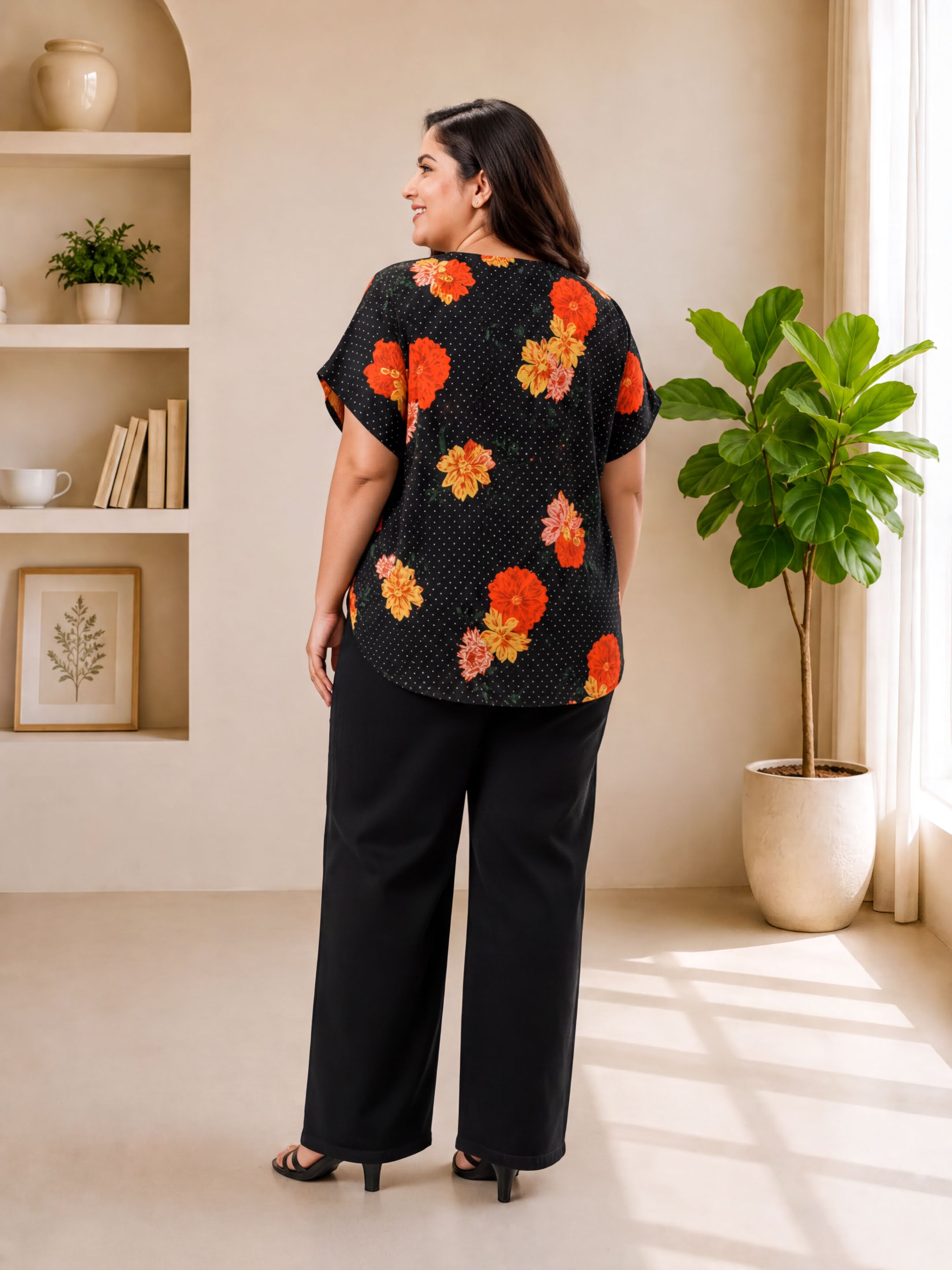 A woman wearing a black and orange floral blouse stands in a room with a window, plants, and shelves.
