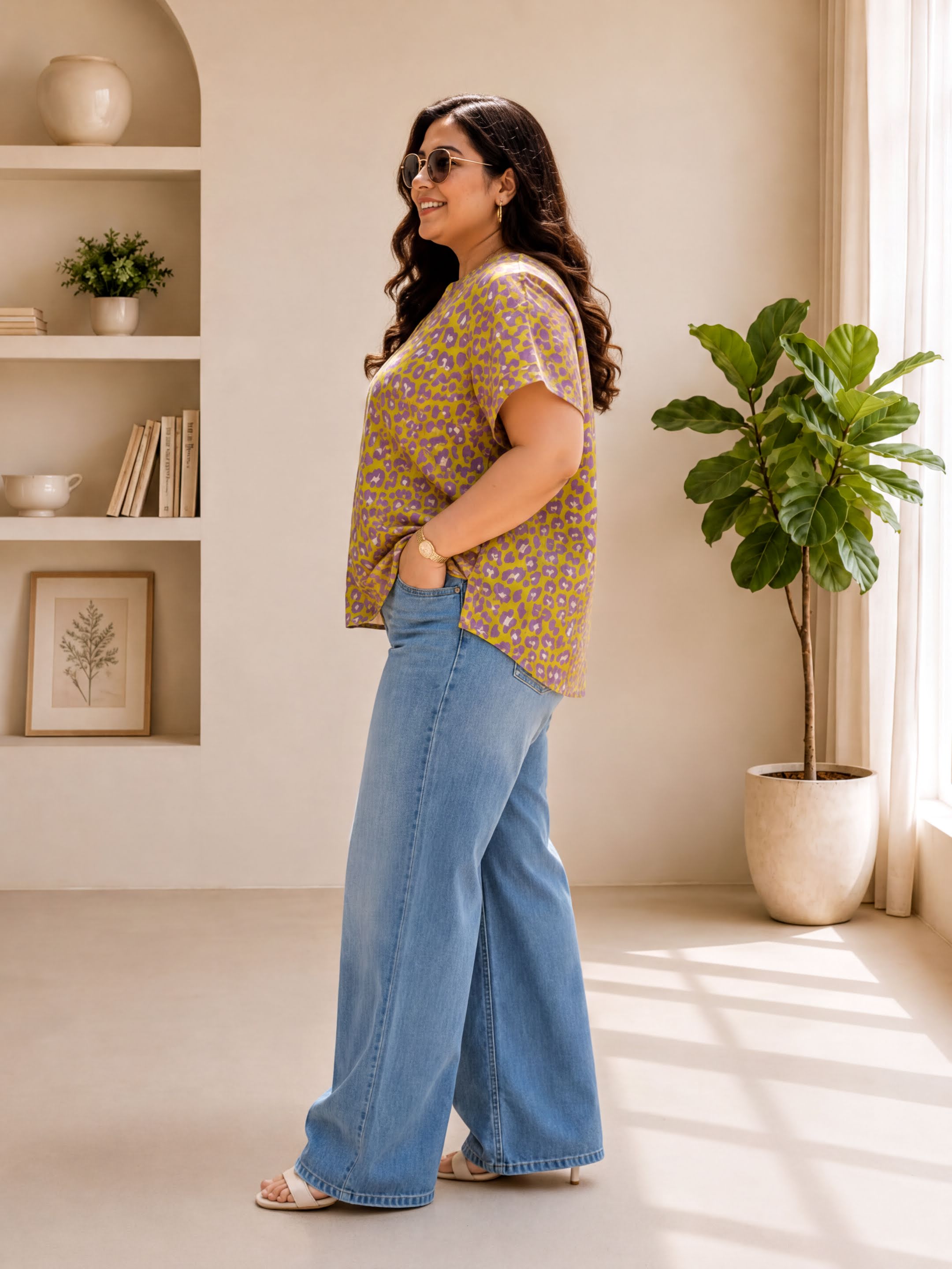 A woman wearing a yellow and purple patterned blouse and blue jeans stands in a room with a window, smiling and looking to her left.