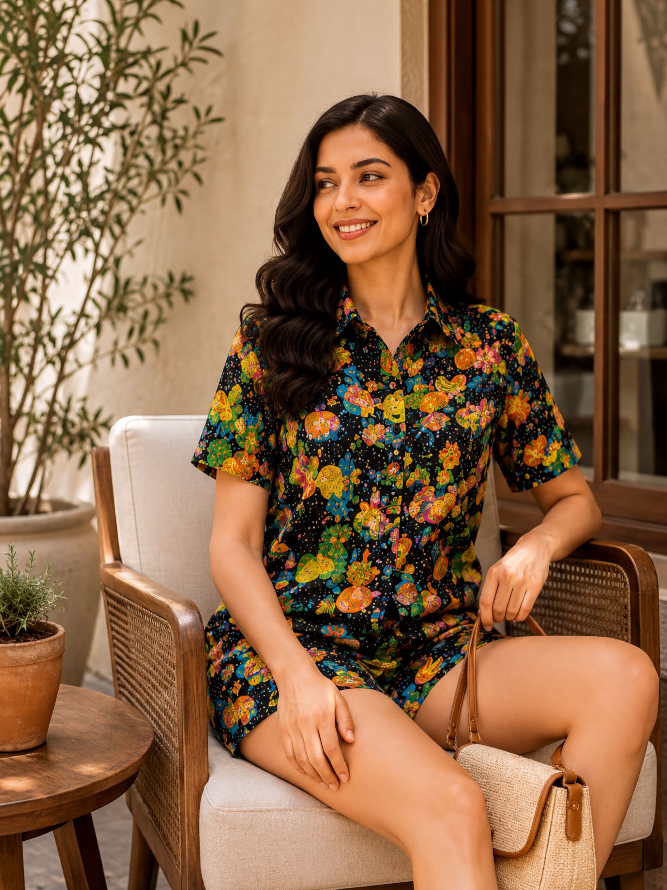A woman in a colorful floral dress is sitting on a chair, smiling and looking to the side.