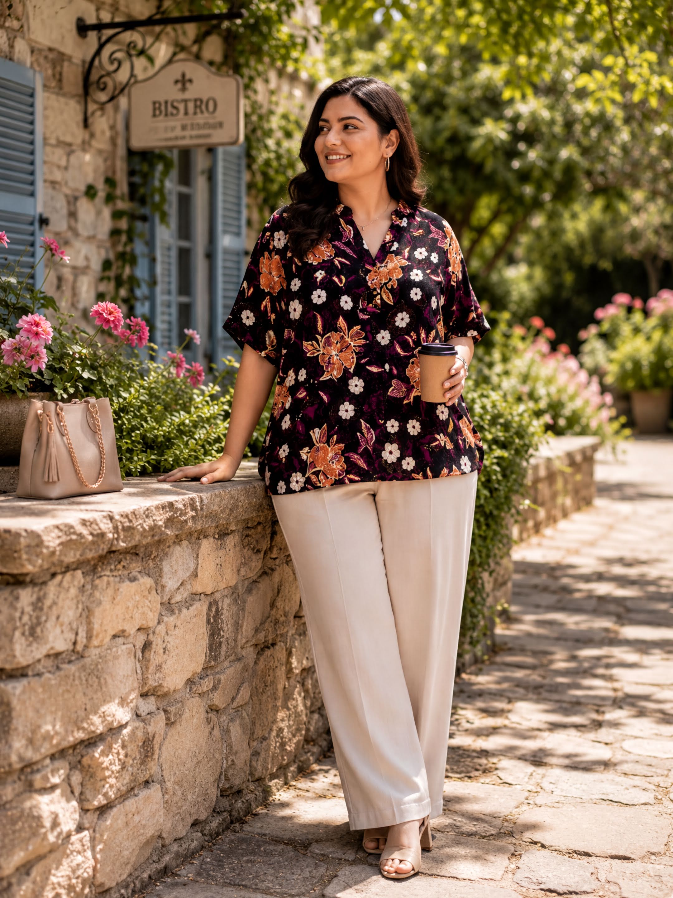 A woman in a floral print blouse and beige pants stands on a stone path, holding a coffee cup and leaning against a stone wall.