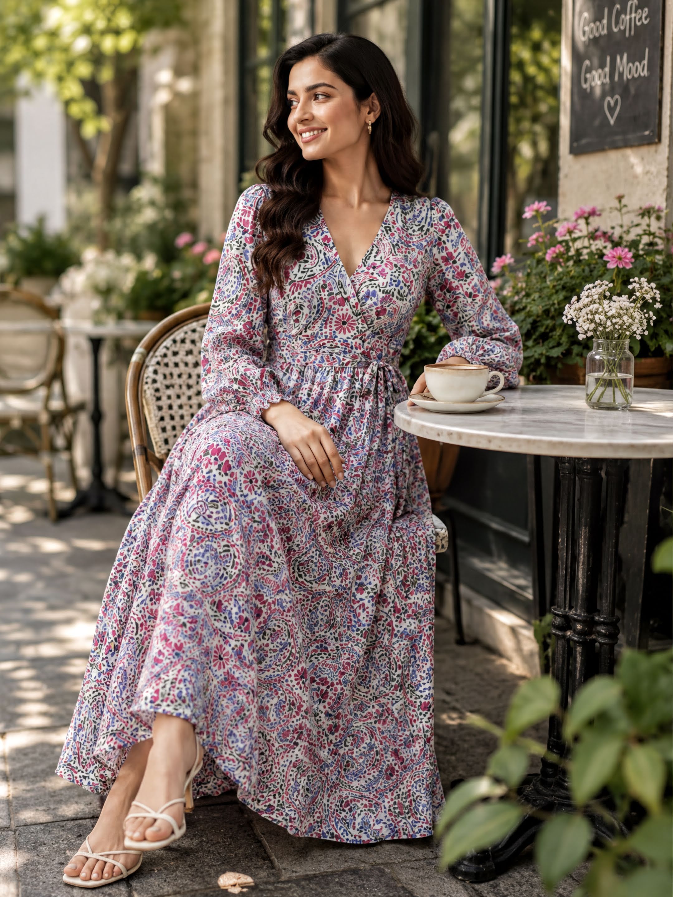 A woman in a long, colorful floral dress is sitting at an outdoor table, smiling and holding a cup of coffee.