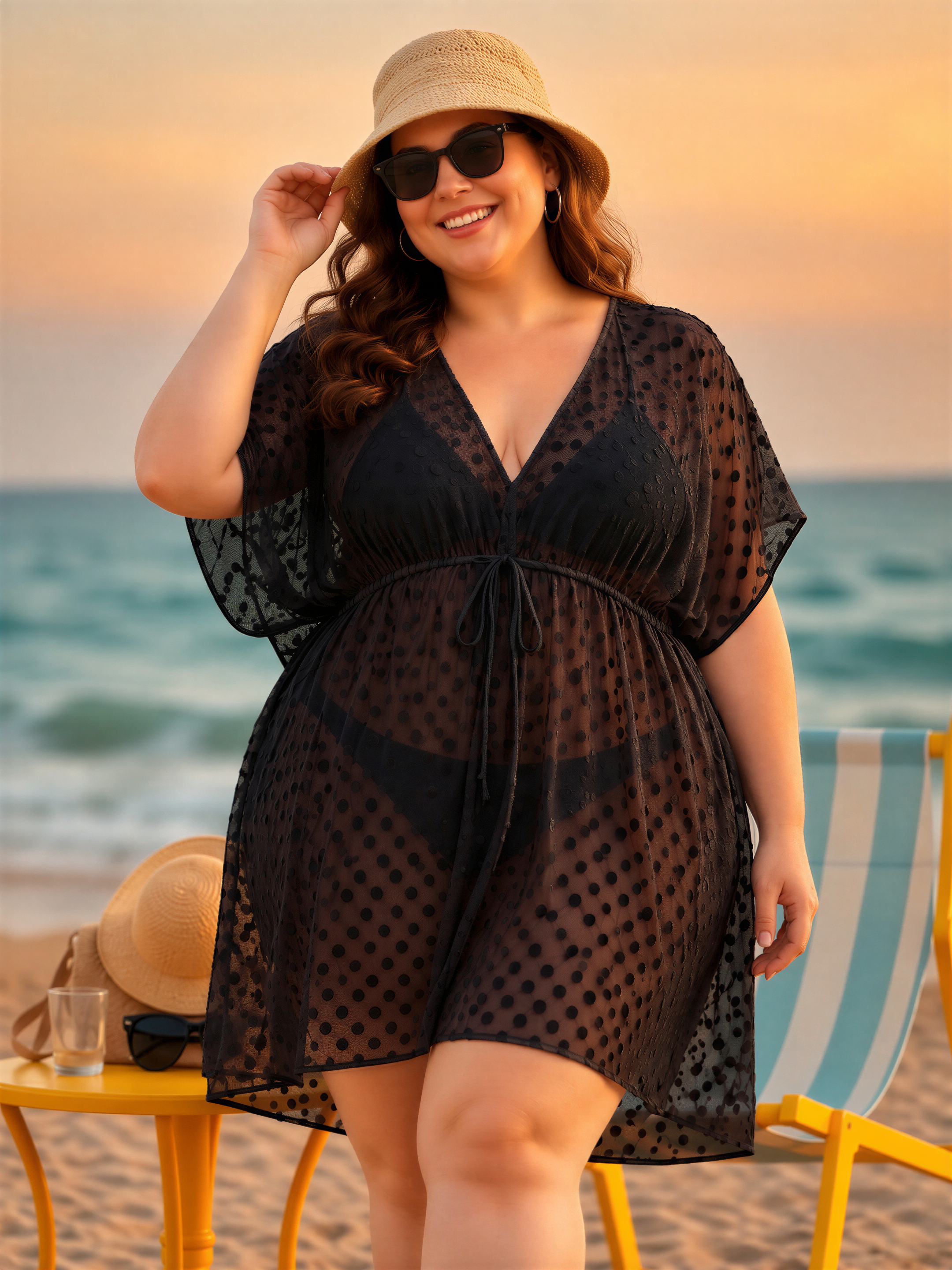 A woman wearing a black polka dot dress and a wide-brimmed hat stands on a beach, smiling and looking directly at the camera.
