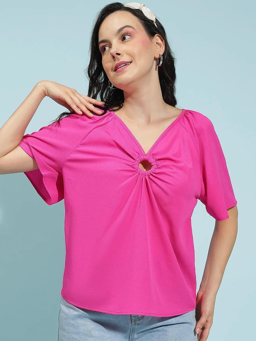 oxolloxo pink short sleeve blouse for women with front keyhole detail and relaxed fit